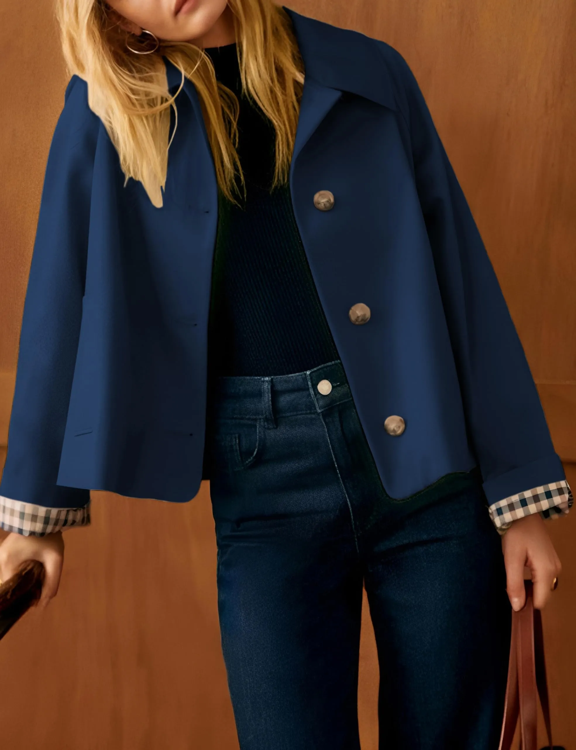 Dqbeng Giacca Donna Corta Stile Trench con Fodera a Quadri, Navy, XS - immagine 2