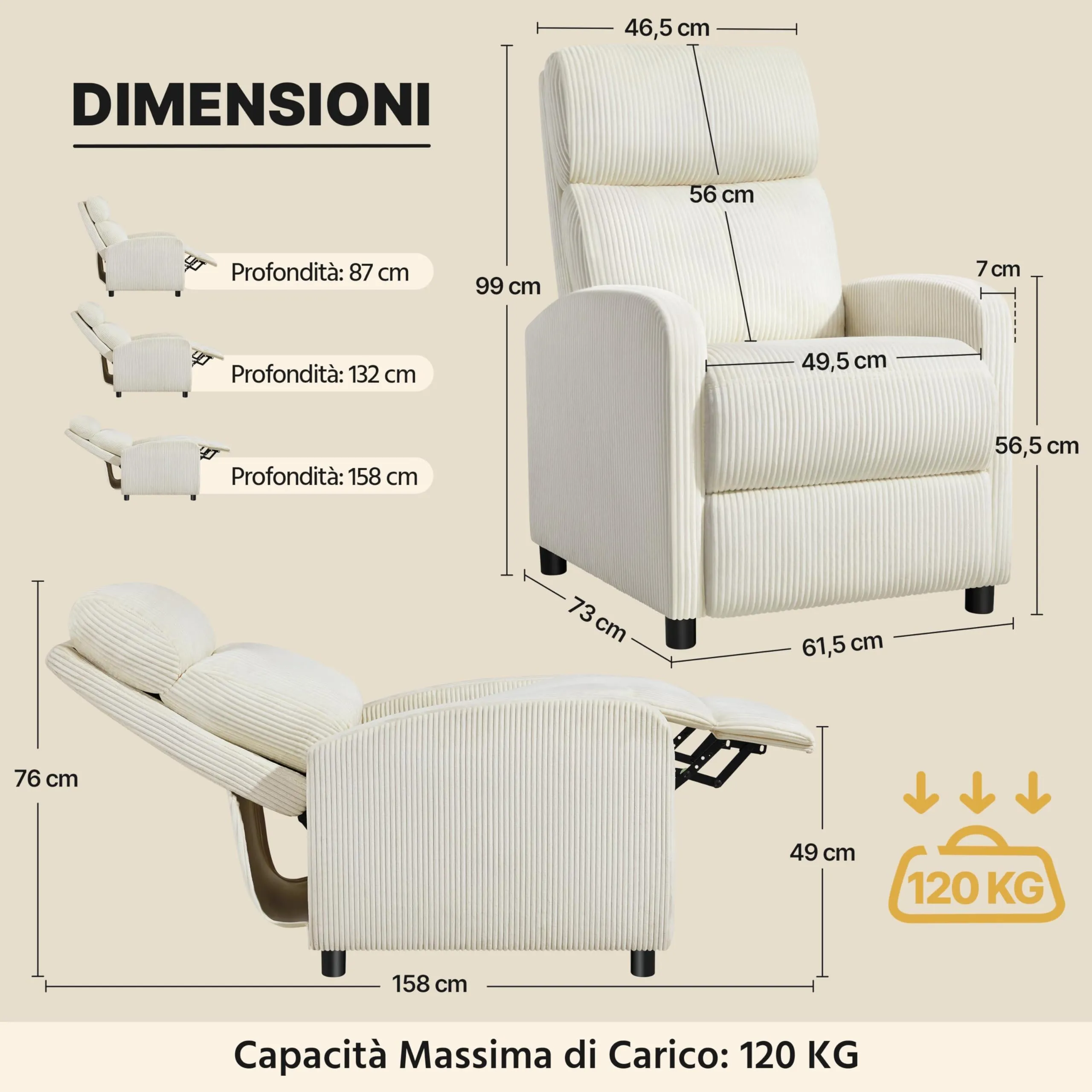 Yaheetech Poltrona Relax Reclinabile con Poggiapiedi, Beige - immagine 3