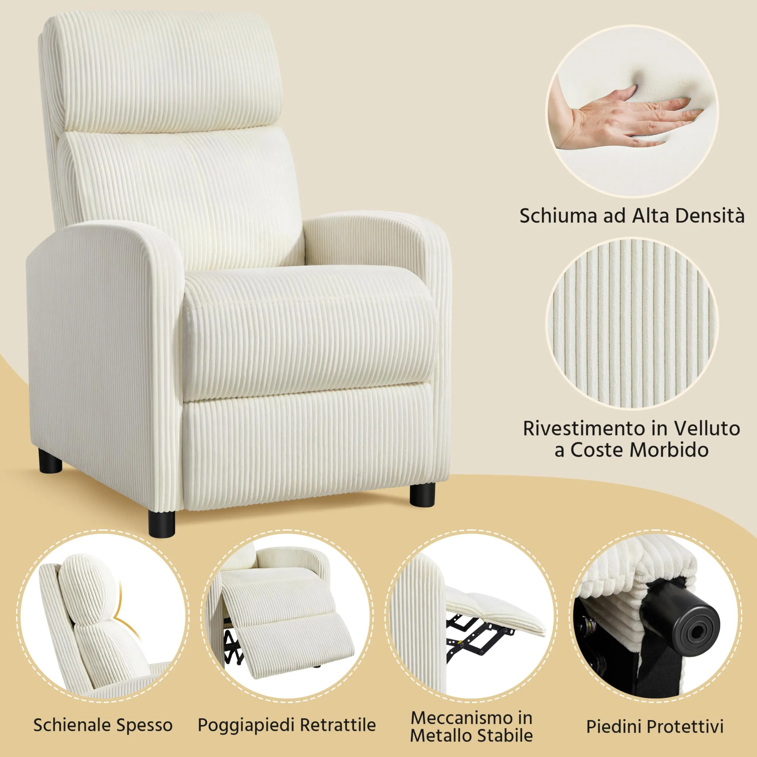 Yaheetech Poltrona Relax Reclinabile con Poggiapiedi, Beige - immagine 5