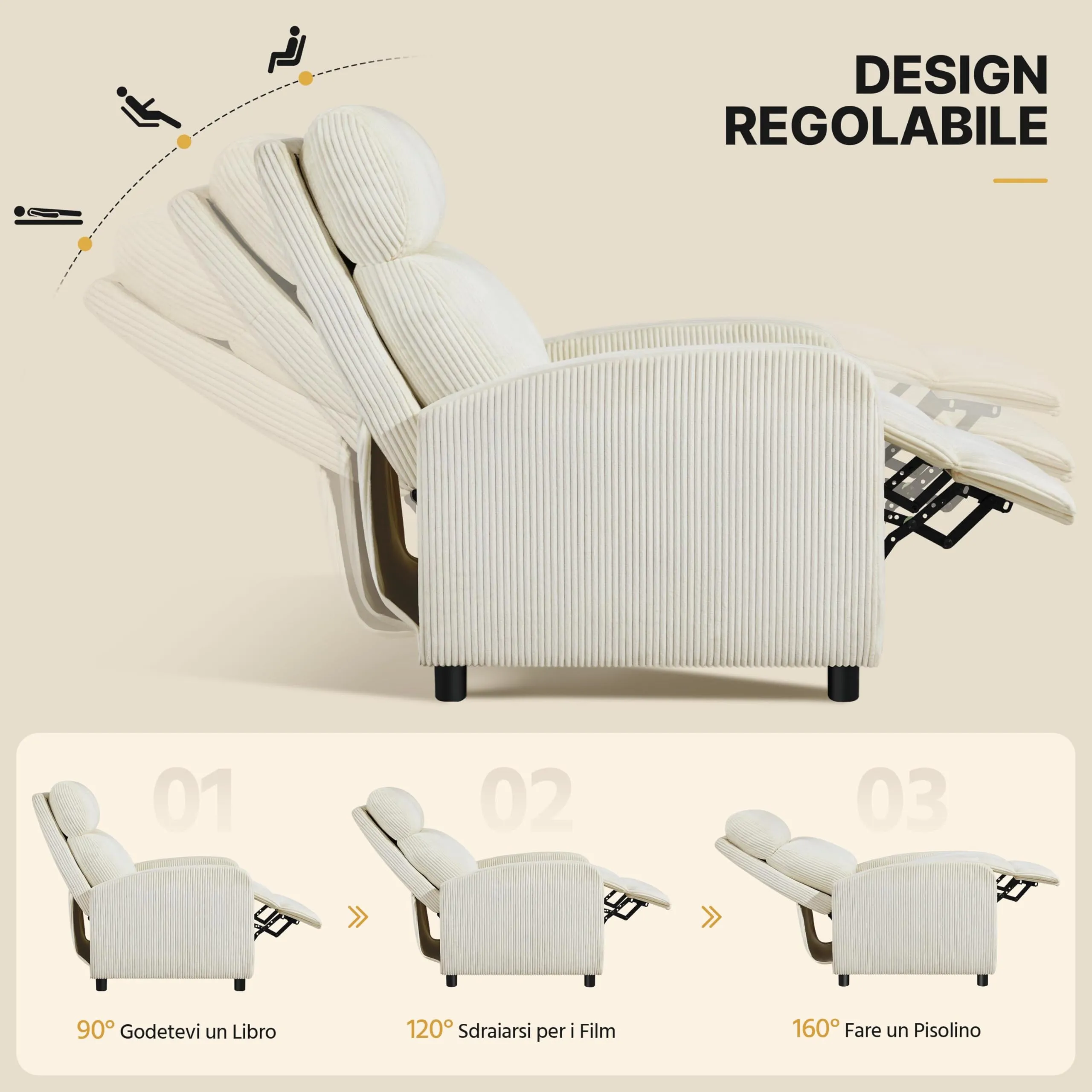 Yaheetech Poltrona Relax Reclinabile con Poggiapiedi, Beige - immagine 6
