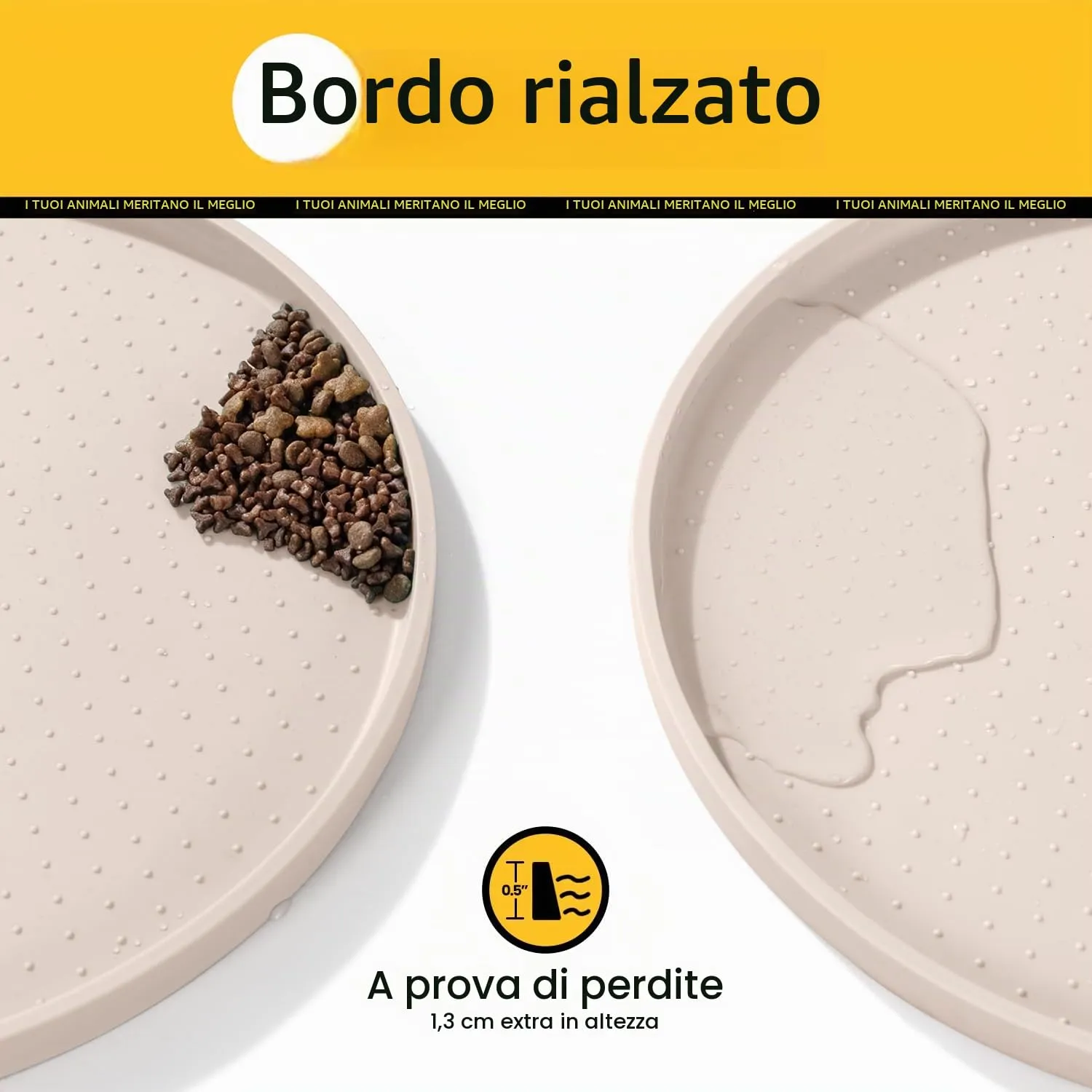 Conlun Tappetino Ciotola per Cane e Gatto in Silicone Senza BPA, Bordi Rialzati 1,2 cm, Taupe, 48x30 cm - immagine 2
