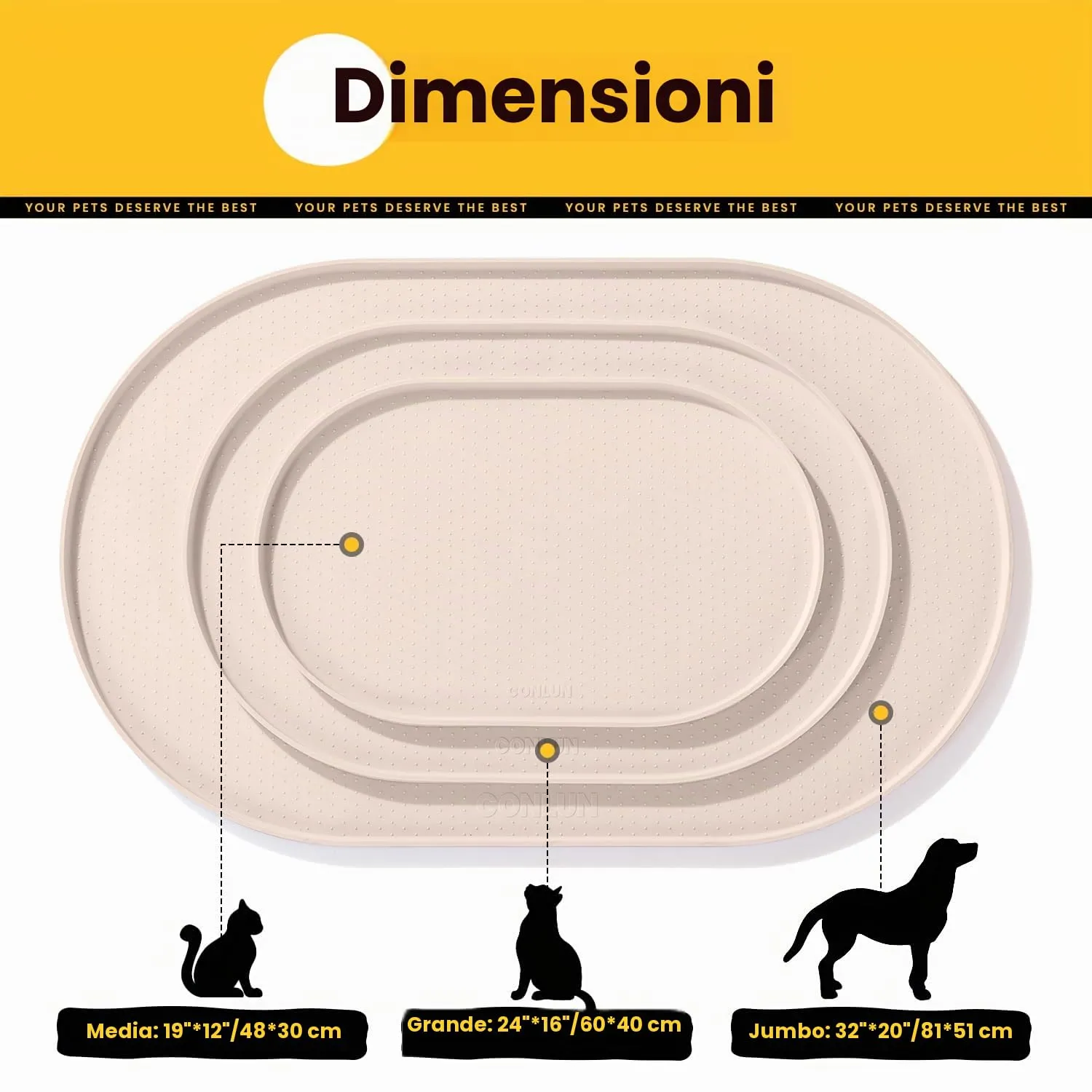 Conlun Tappetino Ciotola per Cane e Gatto in Silicone Senza BPA, Bordi Rialzati 1,2 cm, Taupe, 48x30 cm - immagine 4