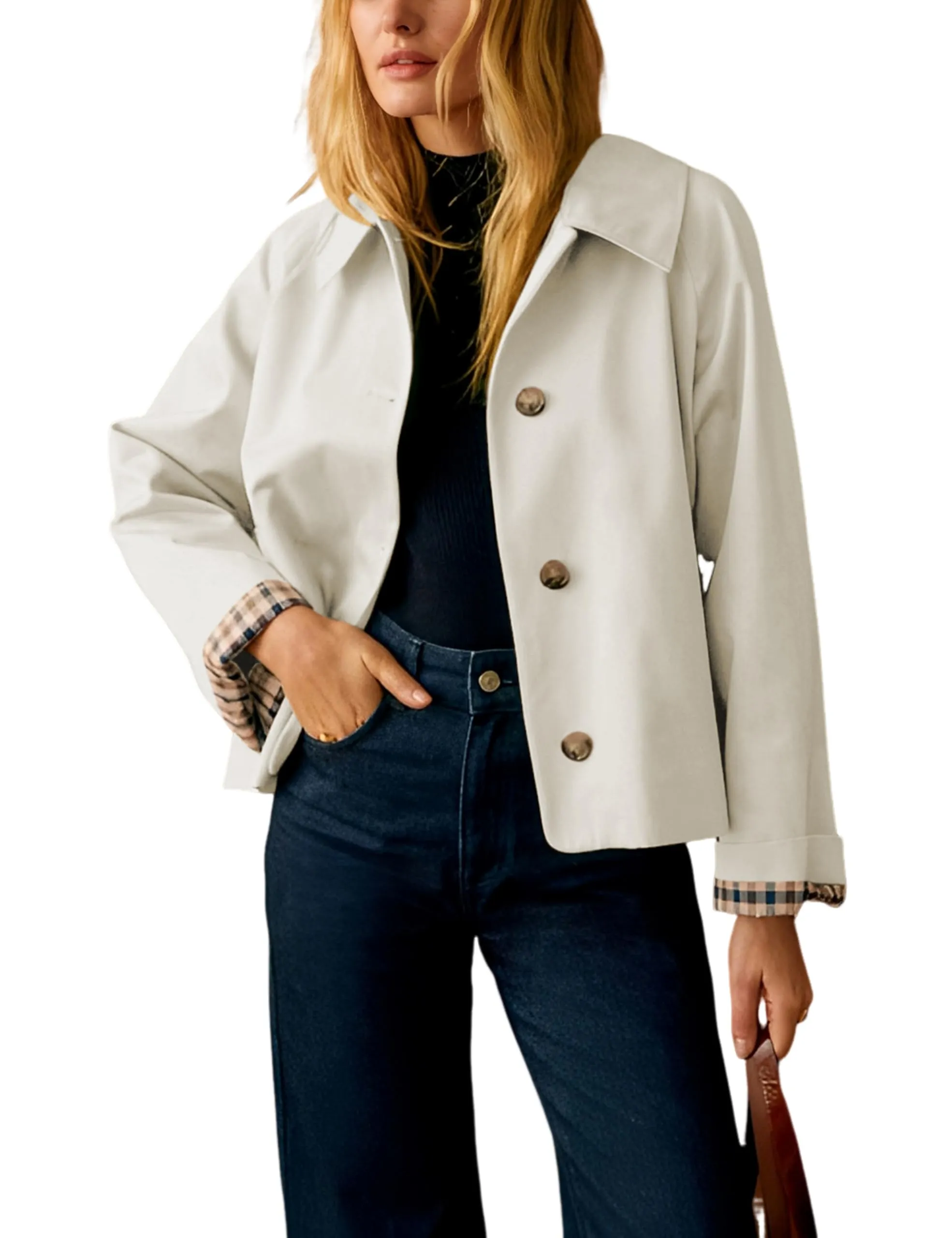 Dqbeng Trench Corto da Donna con Colletto Classico e Fodera a Scacchi, Crema, XS - immagine 1