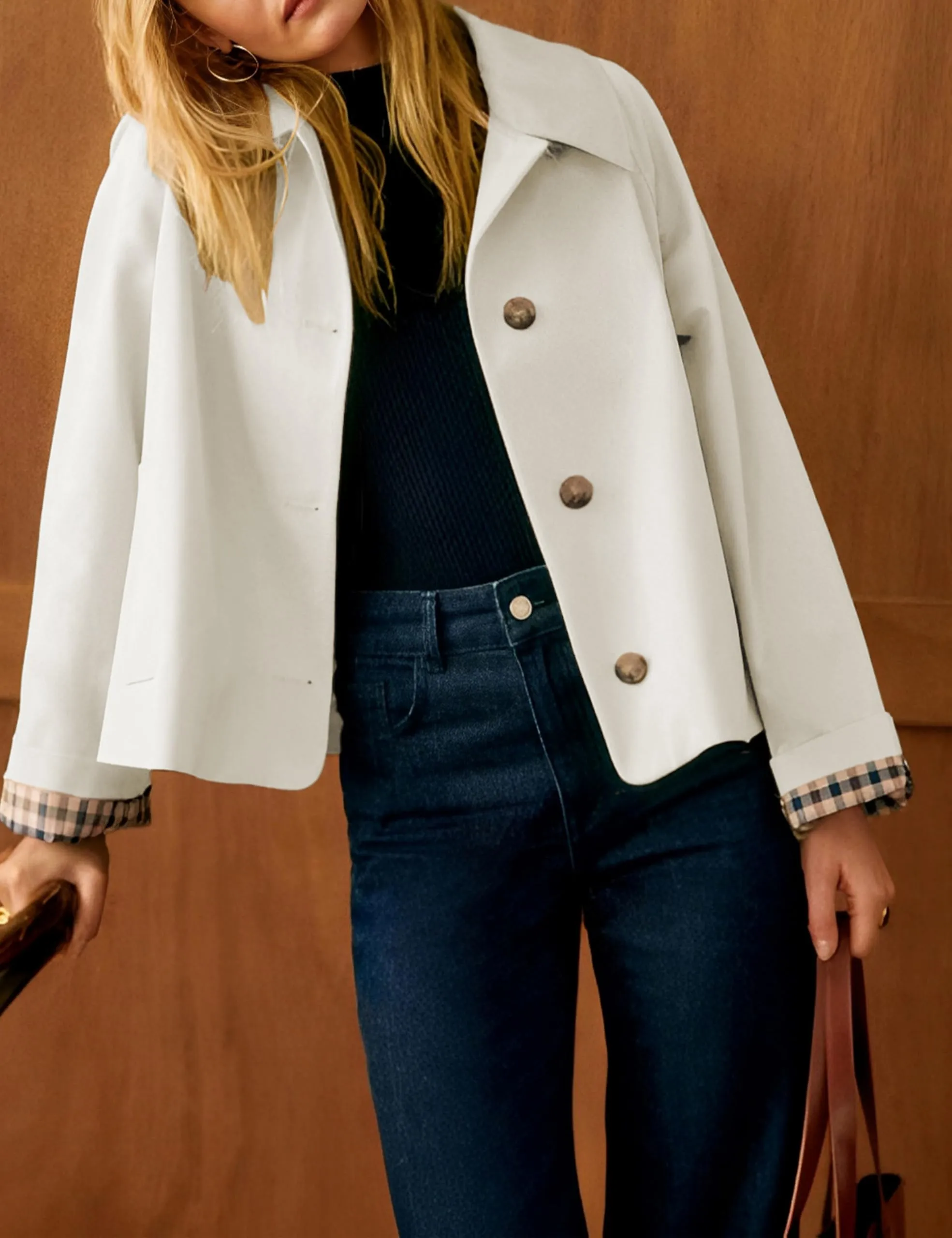 Dqbeng Trench Corto da Donna con Colletto Classico e Fodera a Scacchi, Crema, XS - immagine 2