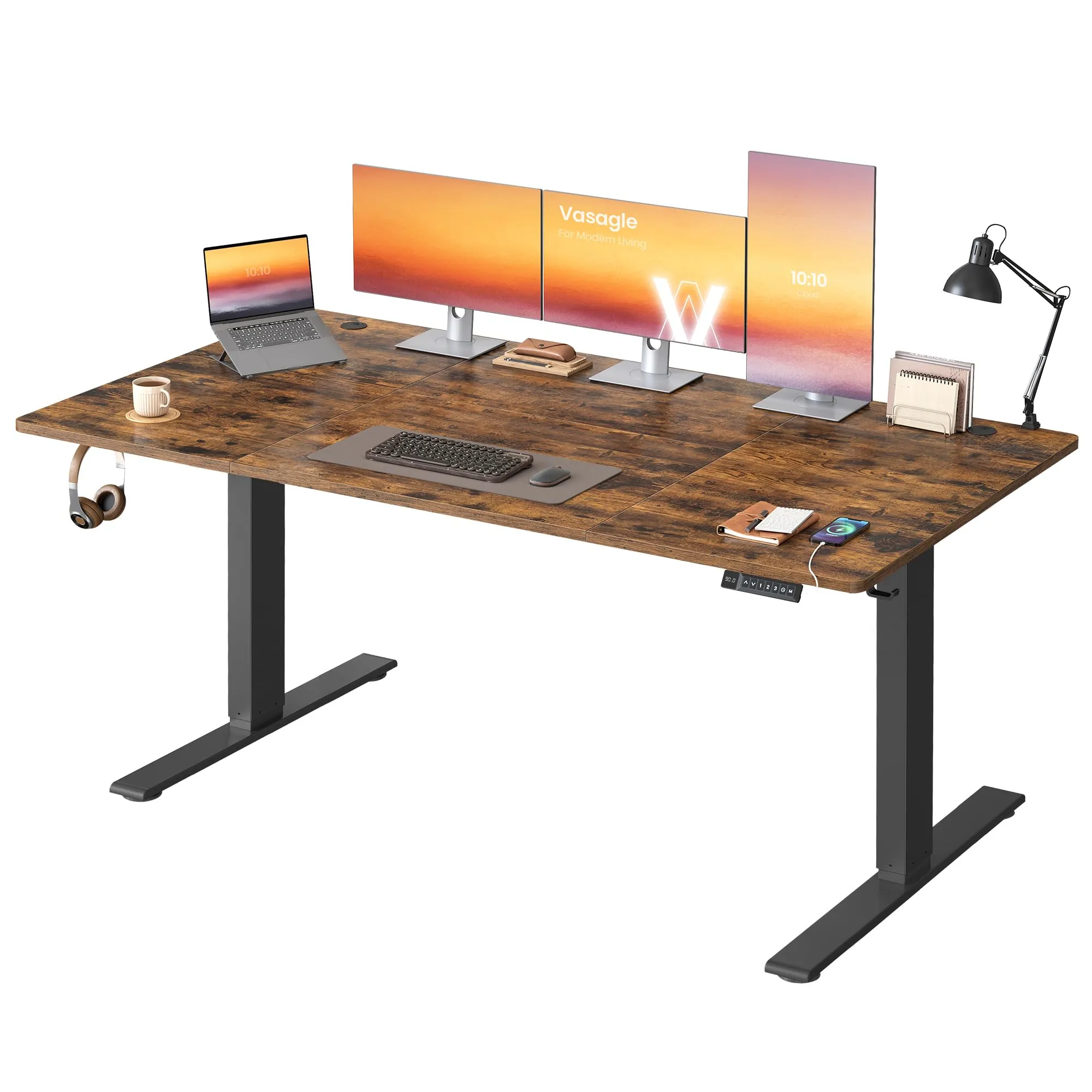 VASAGLE Scrivania Regolabile in Altezza, 180 x 80 cm, Porta USB-C, Marrone Vintage - immagine 1