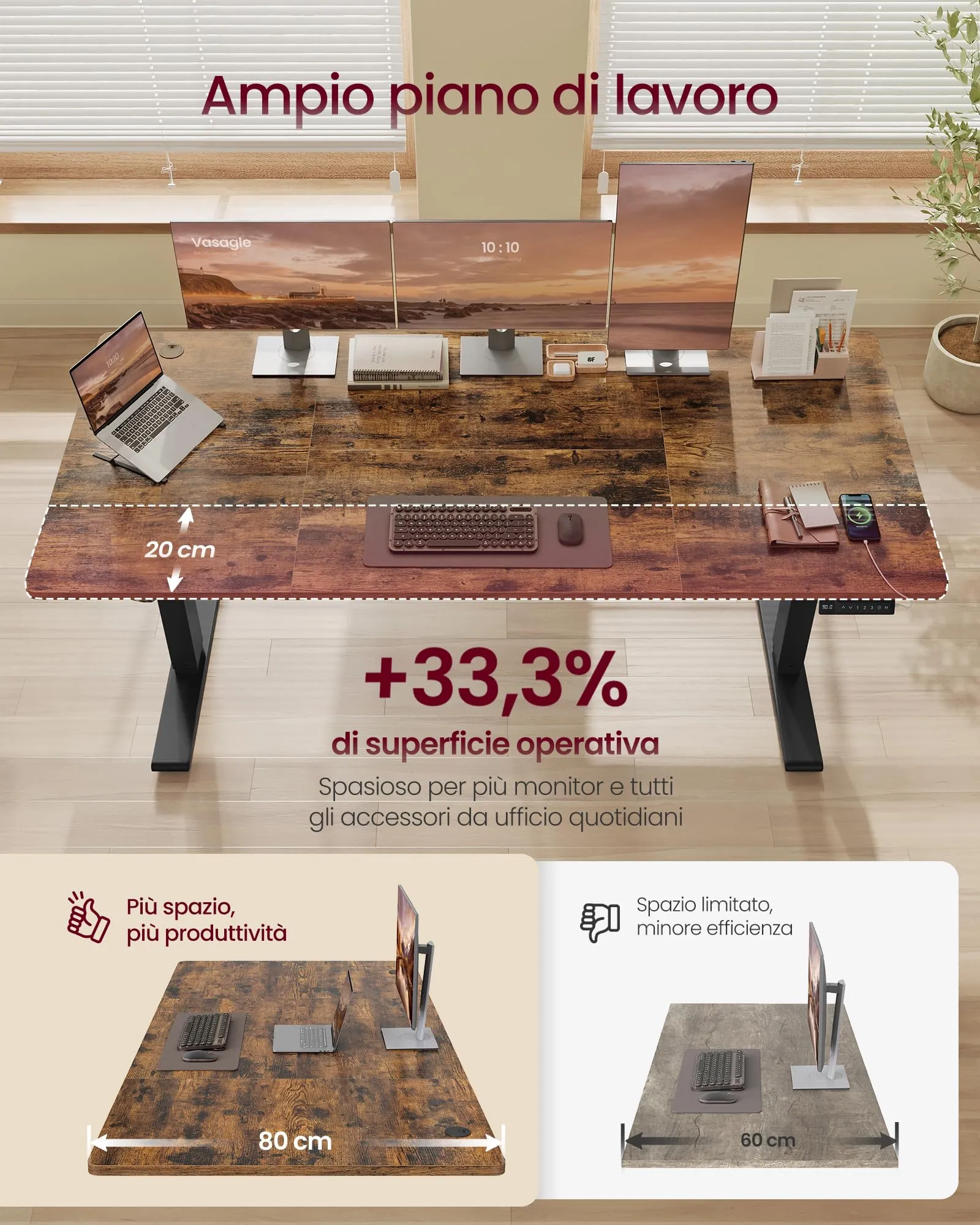 VASAGLE Scrivania Regolabile in Altezza, 180 x 80 cm, Porta USB-C, Marrone Vintage - immagine 3