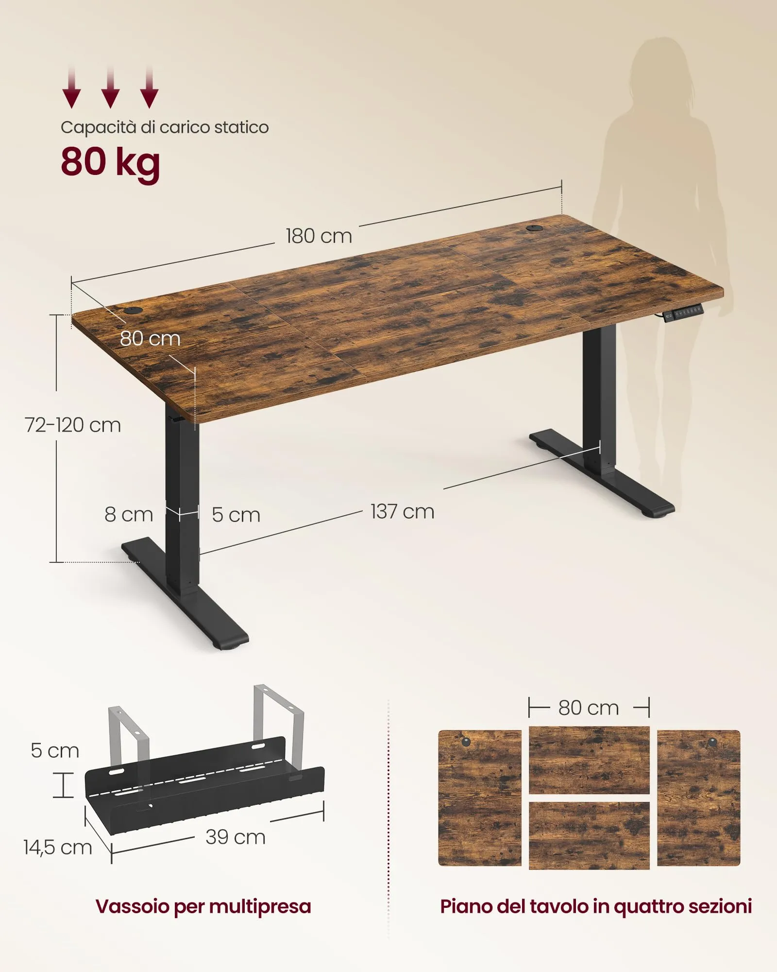 VASAGLE Scrivania Regolabile in Altezza, 180 x 80 cm, Porta USB-C, Marrone Vintage - immagine 7