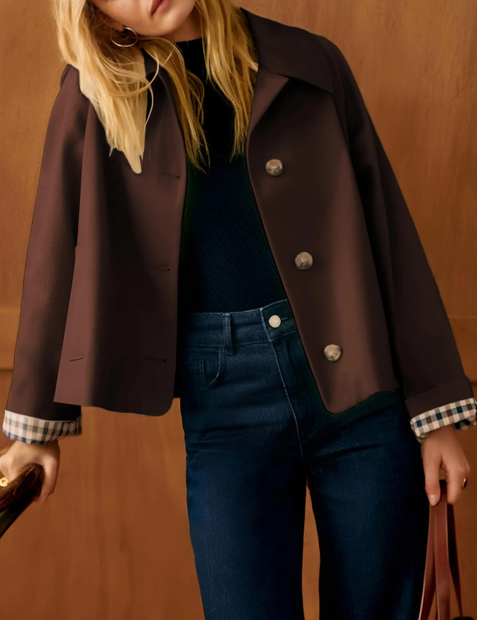 Dqbeng Giacca corta da donna in stile trench, Marrone, XS - immagine 2
