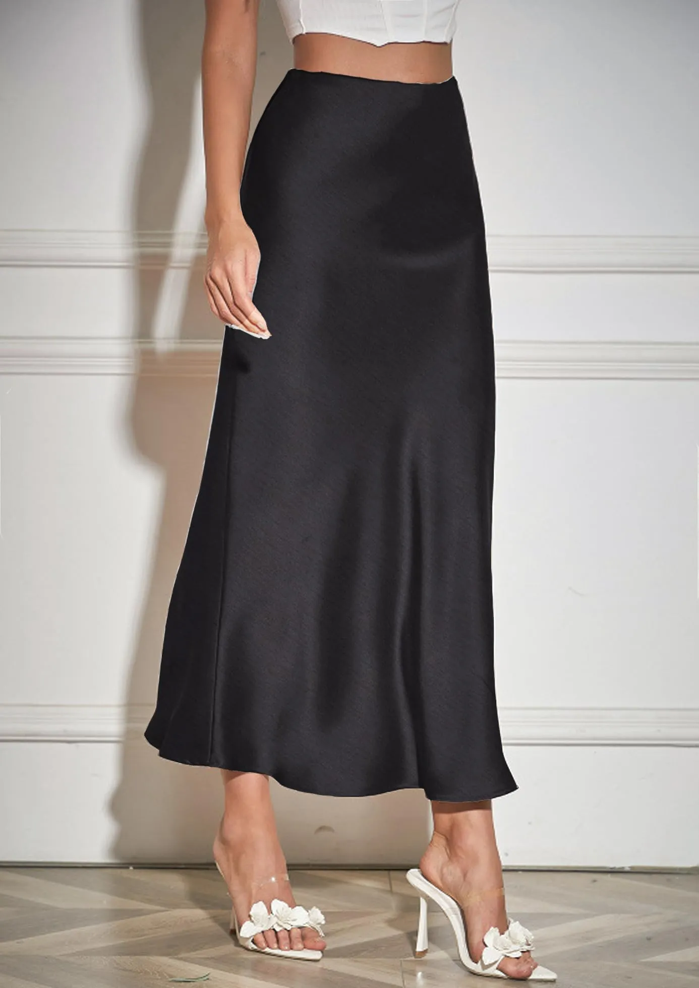 Vossmi Gonna Midi in Raso A-Linea con Zip e Vita Alta, Nero, XL - immagine 4
