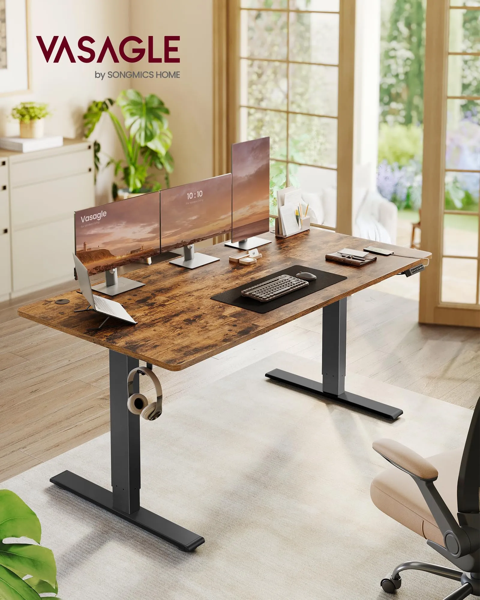 VASAGLE Scrivania Regolabile in Altezza, 160 x 80 cm, Porta USB-C, Marrone Vintage - immagine 2
