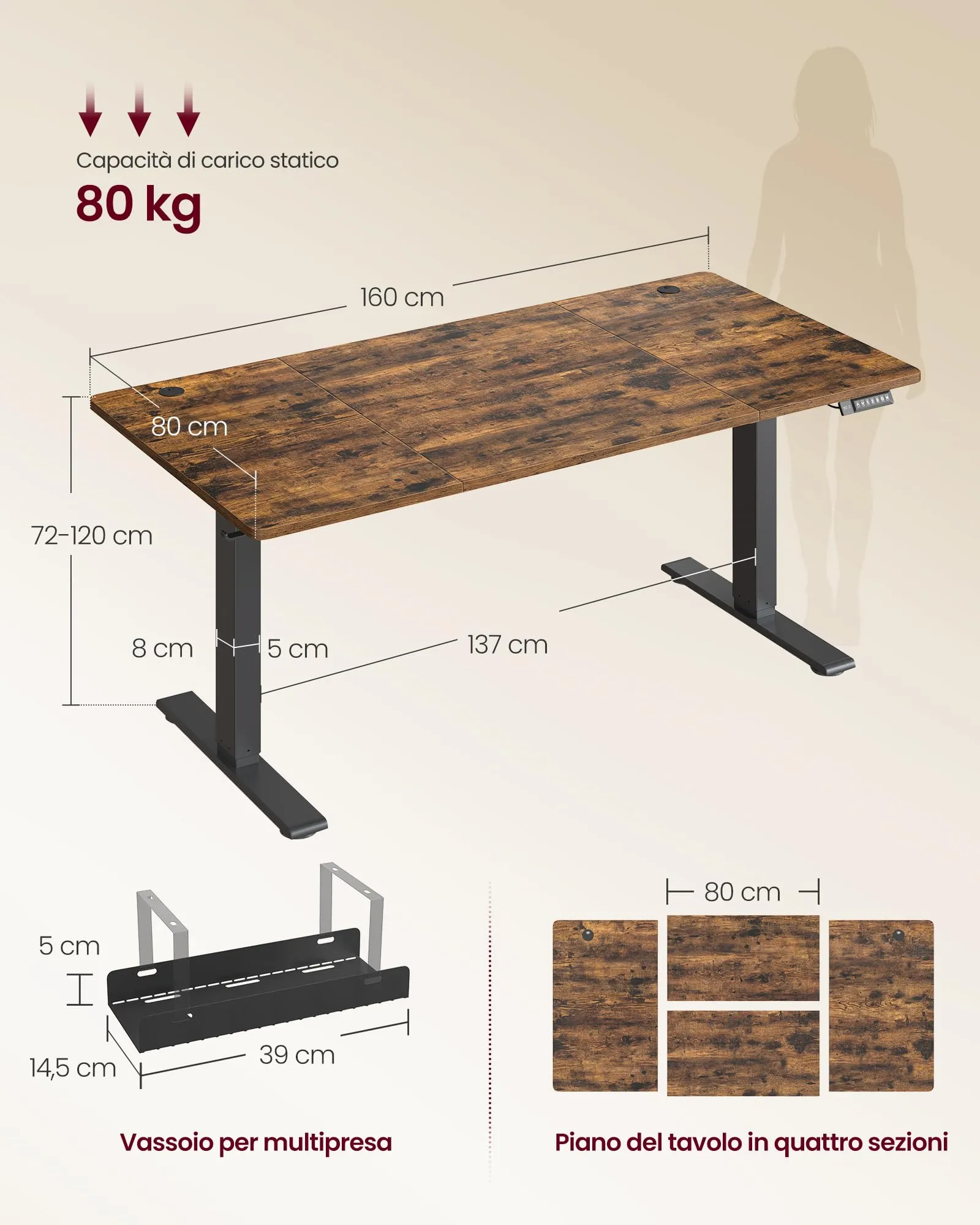 VASAGLE Scrivania Regolabile in Altezza, 160 x 80 cm, Porta USB-C, Marrone Vintage - immagine 3