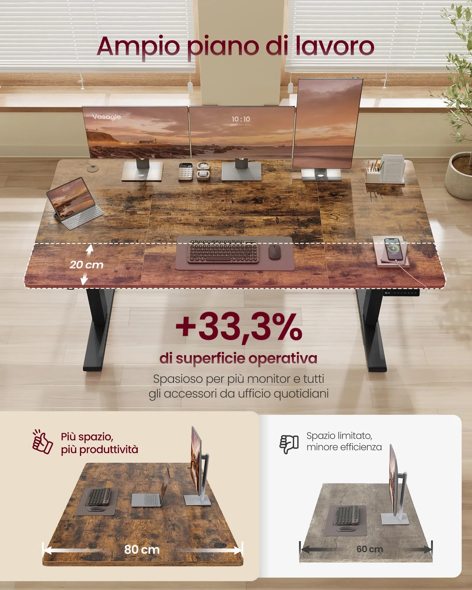 VASAGLE Scrivania Regolabile in Altezza, 160 x 80 cm, Porta USB-C, Marrone Vintage - immagine 4