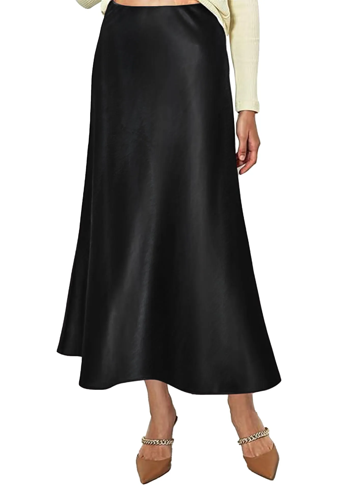 Vossmi Gonna Midi in Raso Donna Vita Alta A-Linea Nero, L - immagine 1