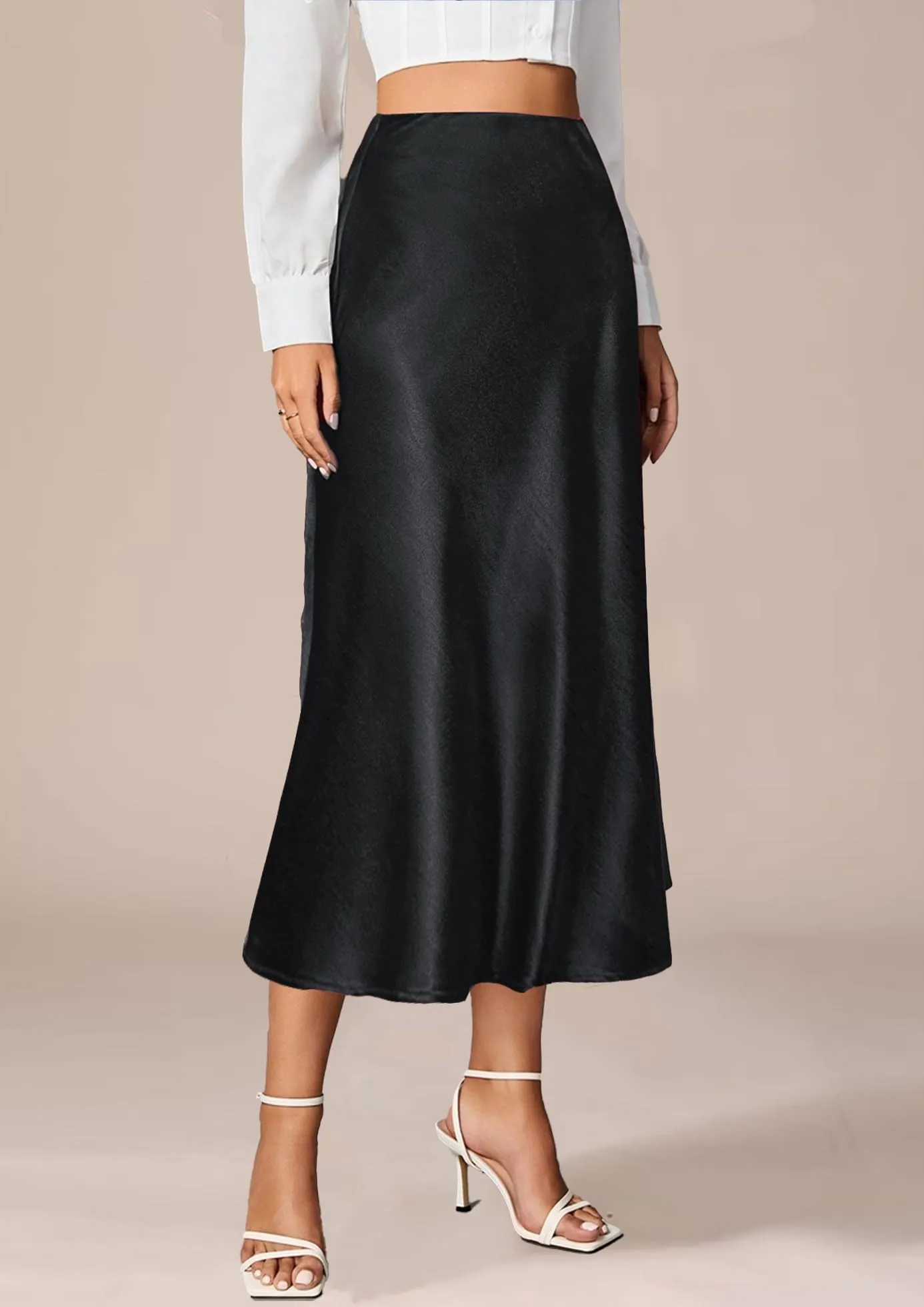 Vossmi Gonna Midi in Raso Donna Vita Alta A-Linea Nero, L - immagine 2