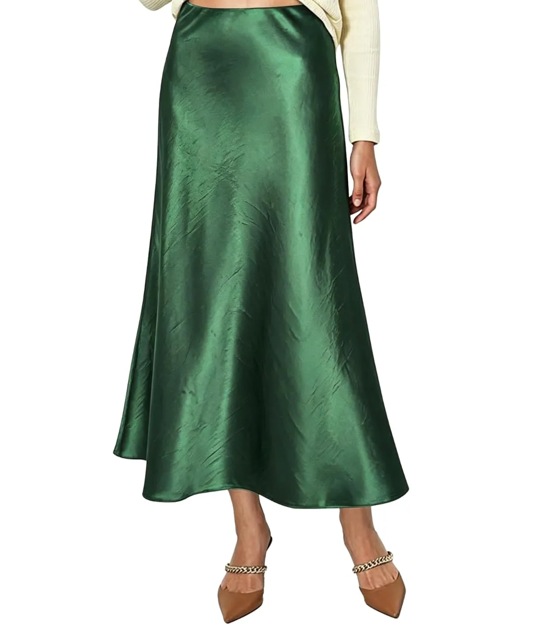 Vossmi Donna Gonna Lunga Vita Alta Satinata a Trapezio Verde, L - immagine 1
