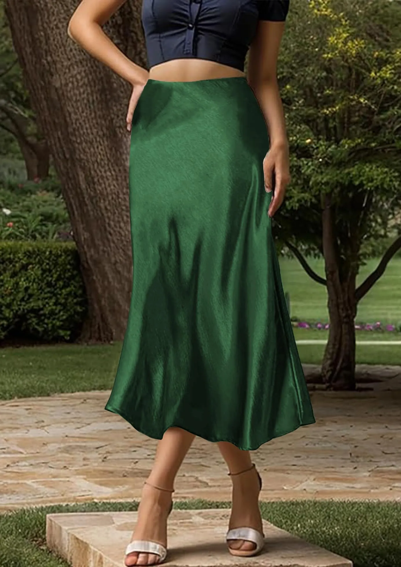 Vossmi Donna Gonna Lunga Vita Alta in Raso Svasata, Verde, XL - immagine 3