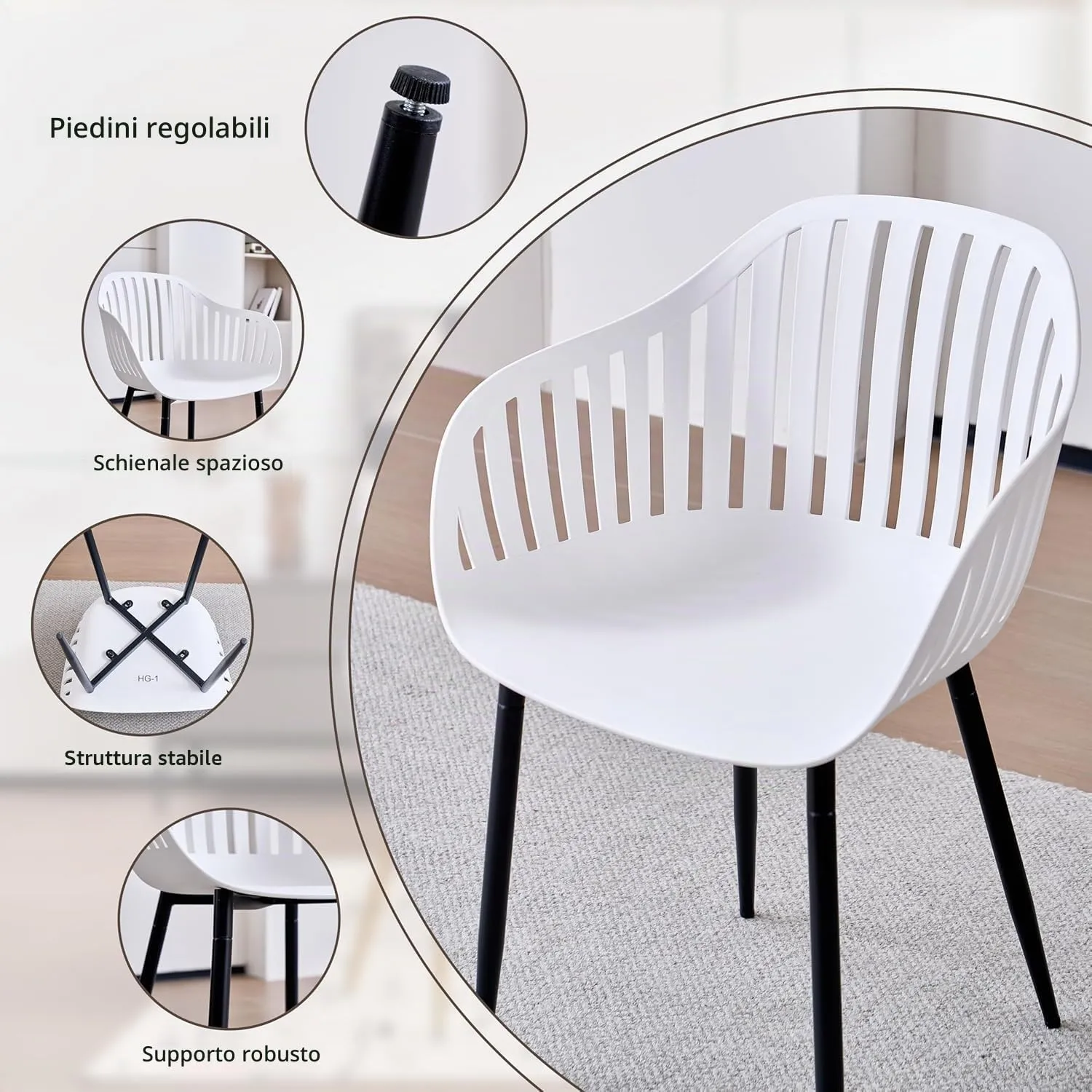 GrandCA HOME Set di 8 Sedie da Pranzo Moderne con Braccioli e Gambe in Metallo Nero - Bianco - immagine 5