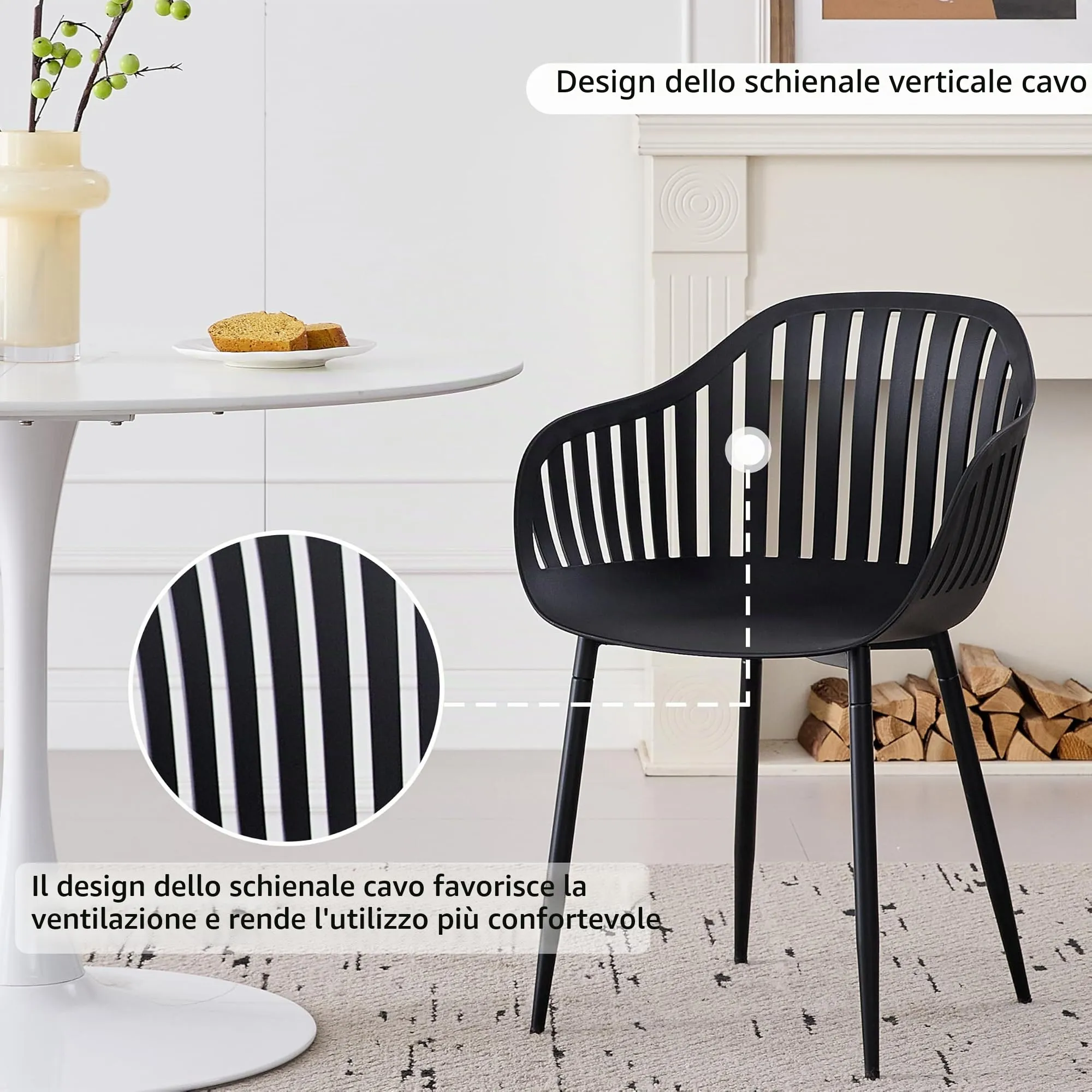 GrandCA HOME Set di 4 Sedie da Pranzo Moderne con Braccioli, Schienale Verticale e Gambe in Metallo - Nero - immagine 4