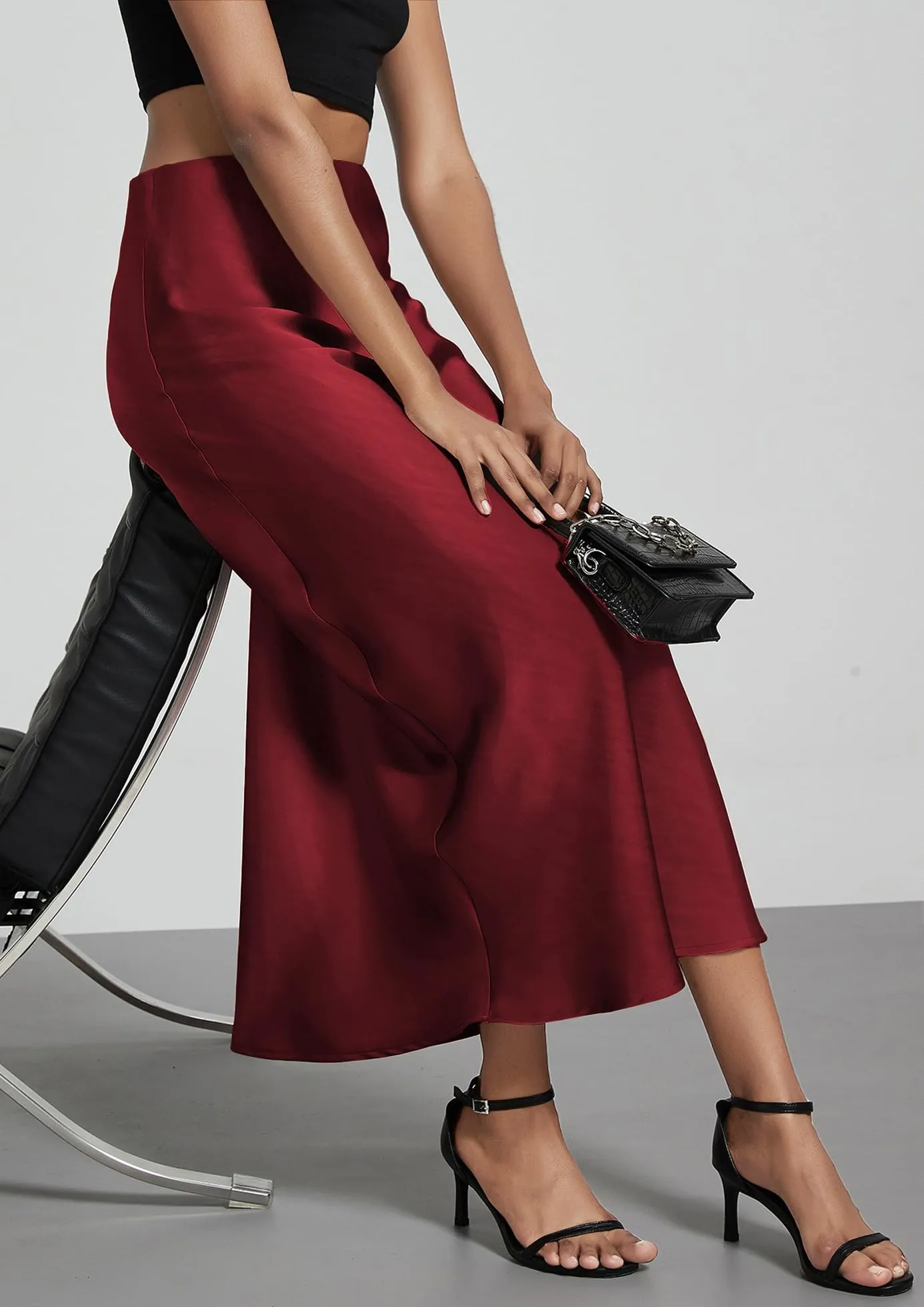 Vossmi Gonna Midi in Raso a Linea A per Donna, Vita Alta, Bordeaux, M - immagine 3