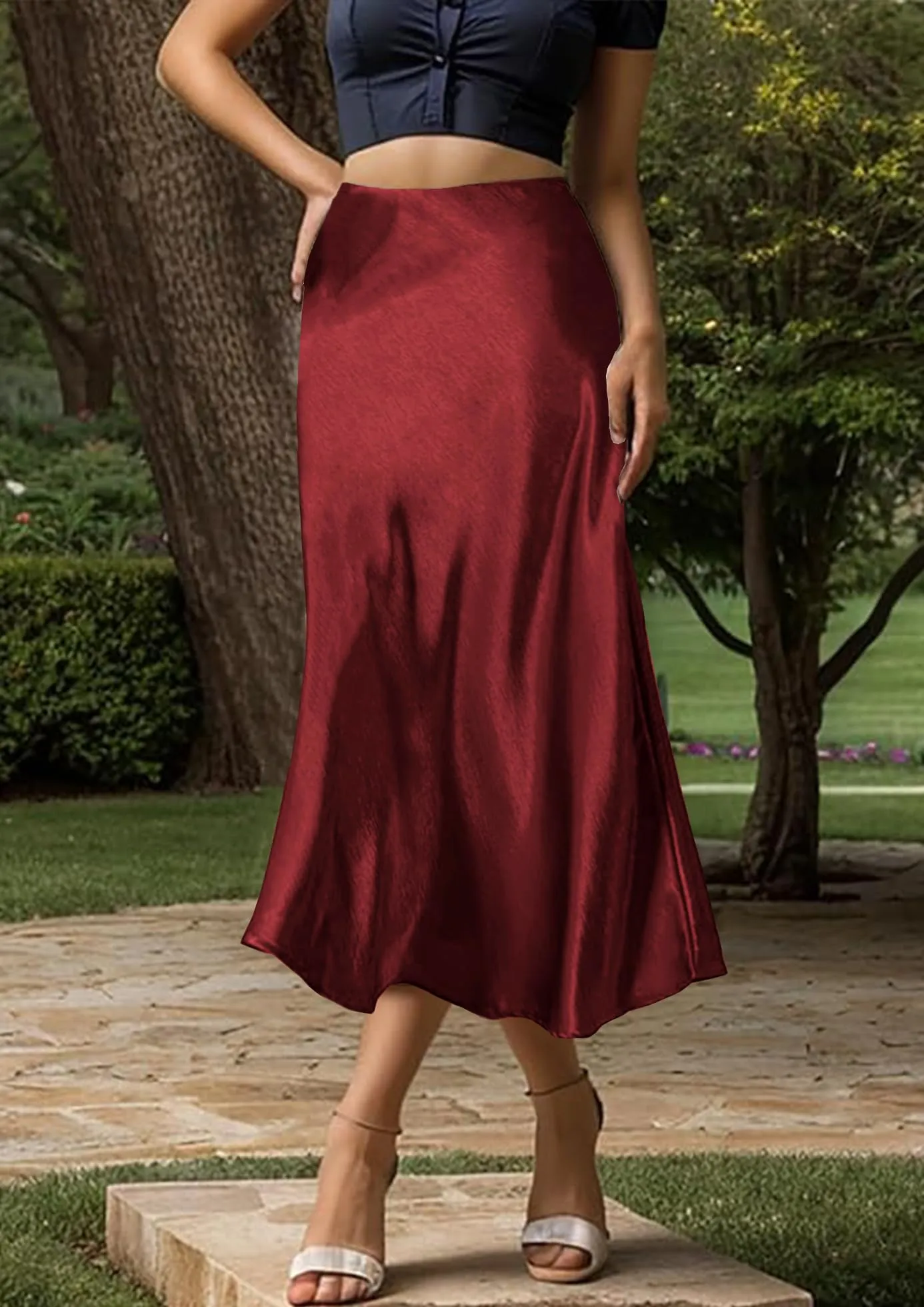 Vossmi Gonna Midi in Raso a Linea A per Donna, Vita Alta, Bordeaux, M - immagine 4