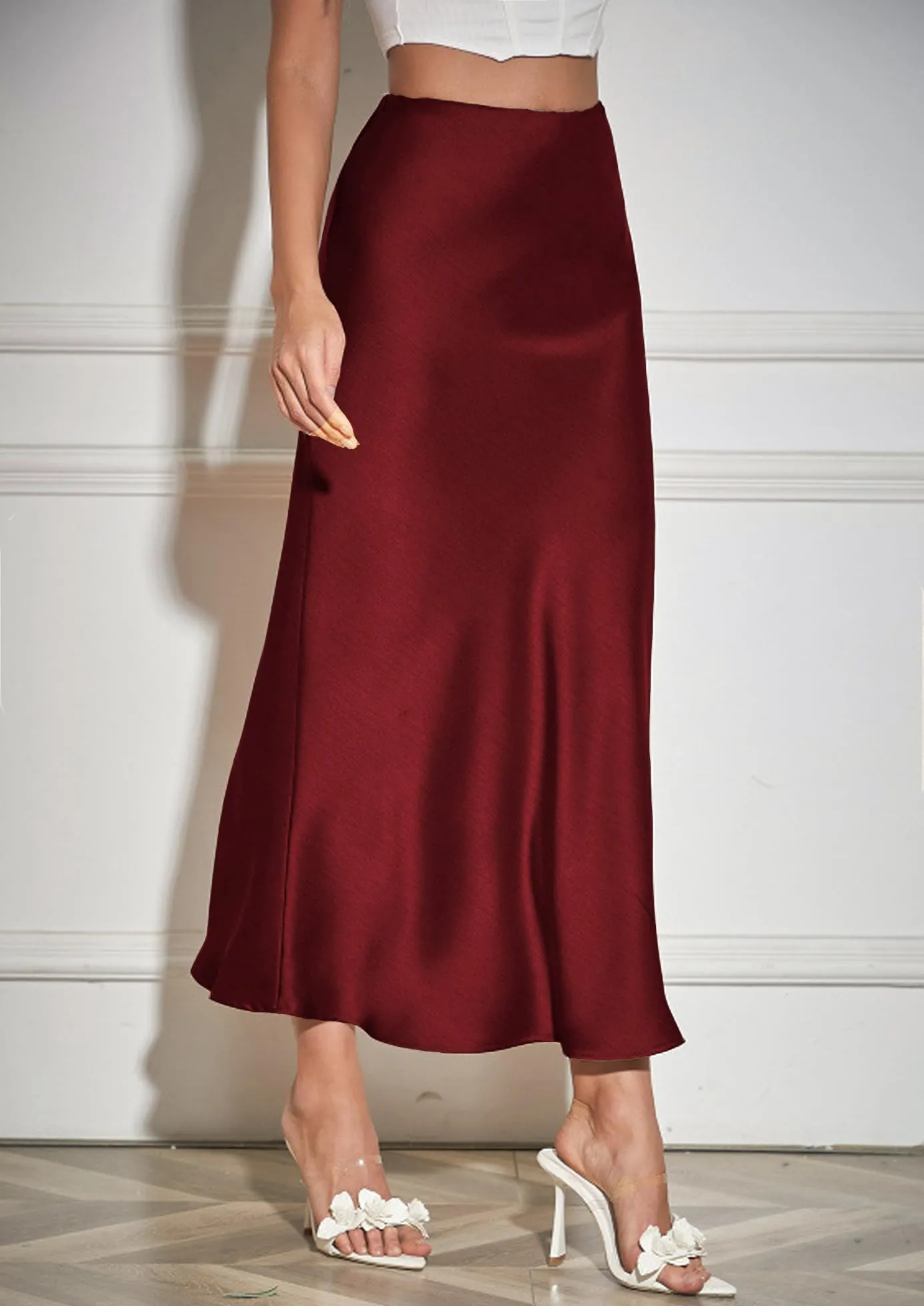 Vossmi Gonna Midi in Raso a Linea A per Donna, Vita Alta, Bordeaux, M - immagine 5