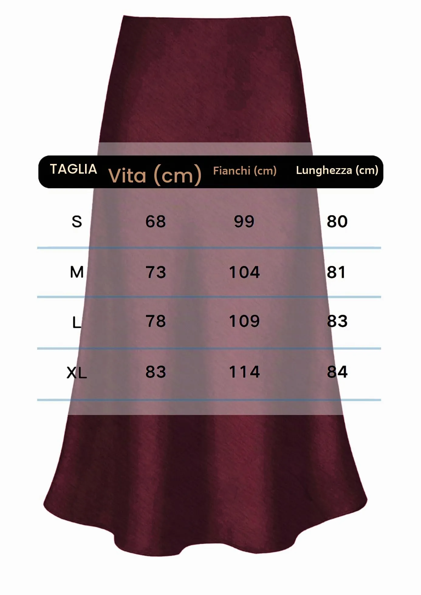 Vossmi Gonna Midi in Raso a Linea A per Donna, Vita Alta, Bordeaux, M - immagine 6