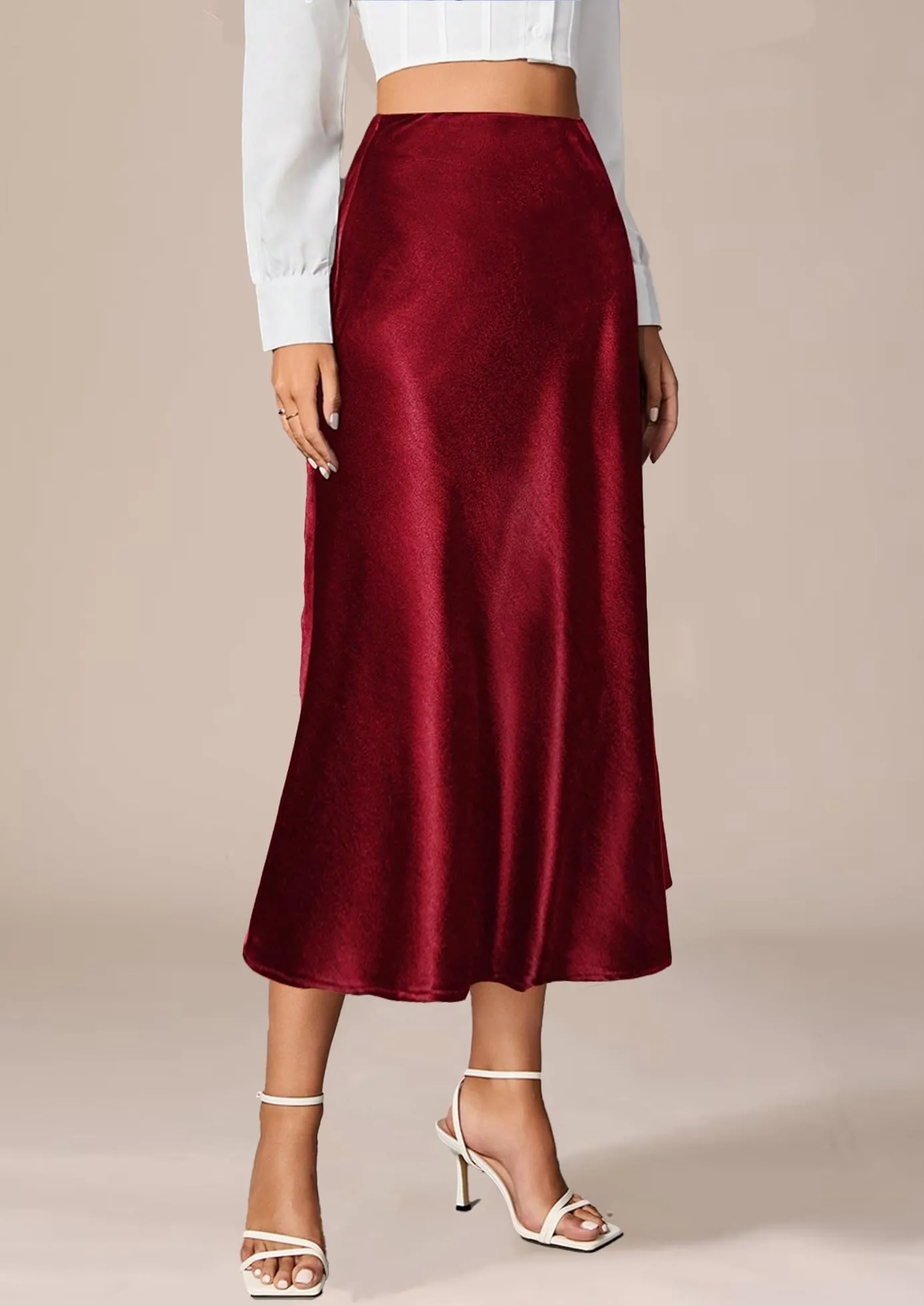 Vossmi Gonna Midi in Raso a Linea A con Pieghe, Vita Alta, Bordeaux, XL - immagine 2