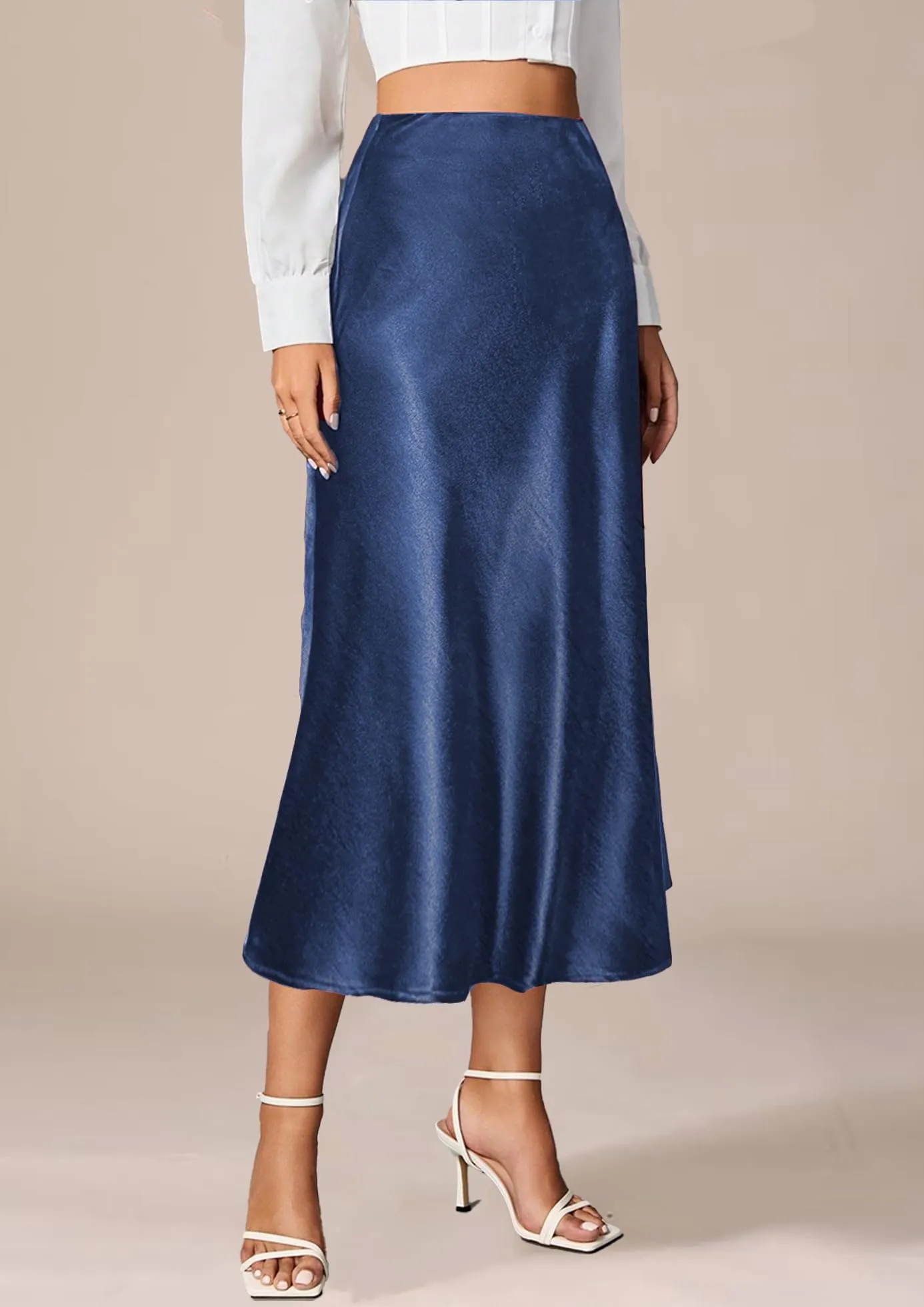 Vossmi Gonna Midi in Raso A-Linea Blu Navy, S - immagine 2