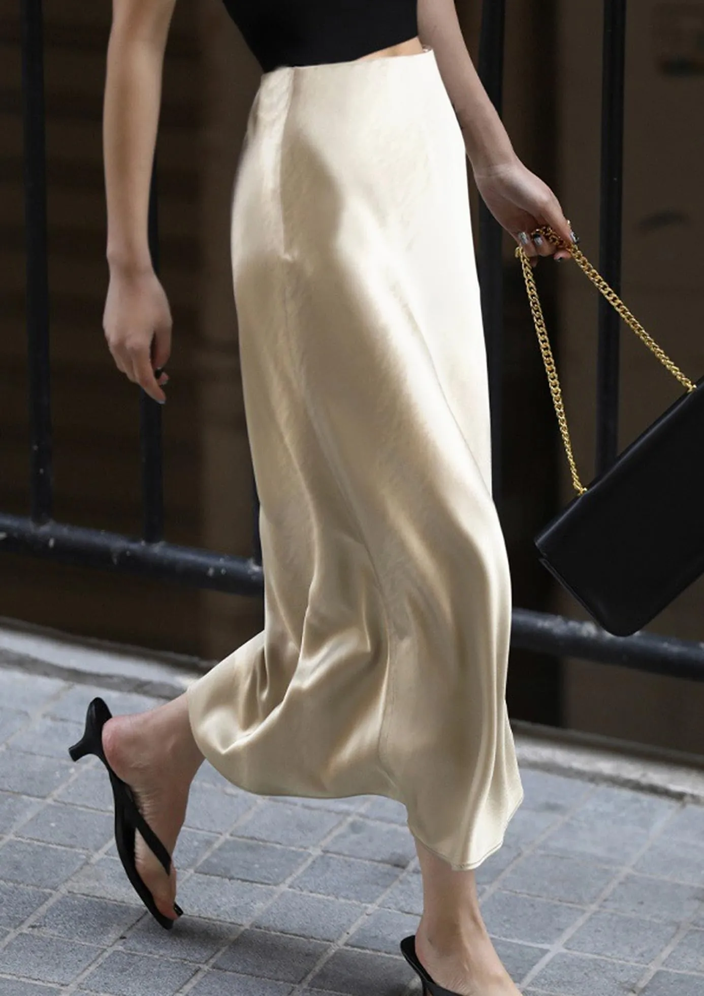 Vossmi Donna Gonna Lunga Vita Alta Midi in Raso Svasata Champagne, L - immagine 4