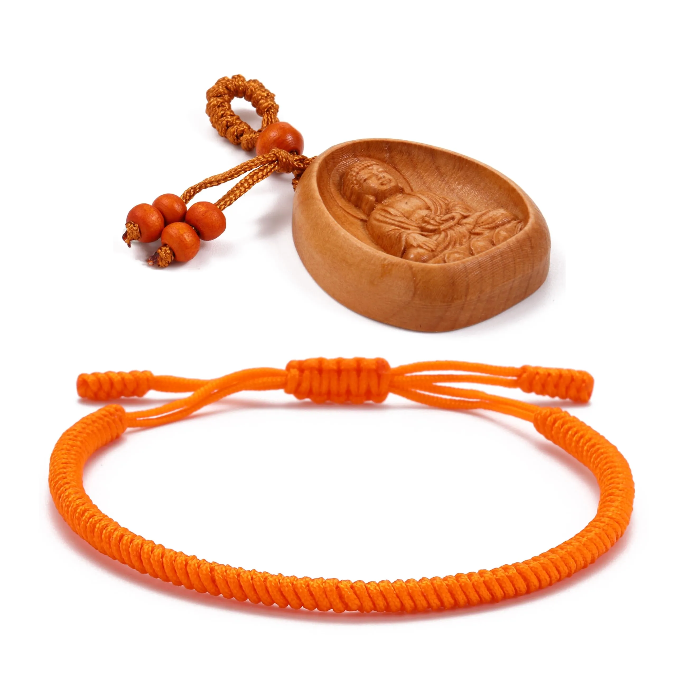 LUCKY BUDDHIST Bracciale Tibetano Buddista Regolabile in Corda Intrecciata con Portachiavi Buddha in Legno - immagine 1