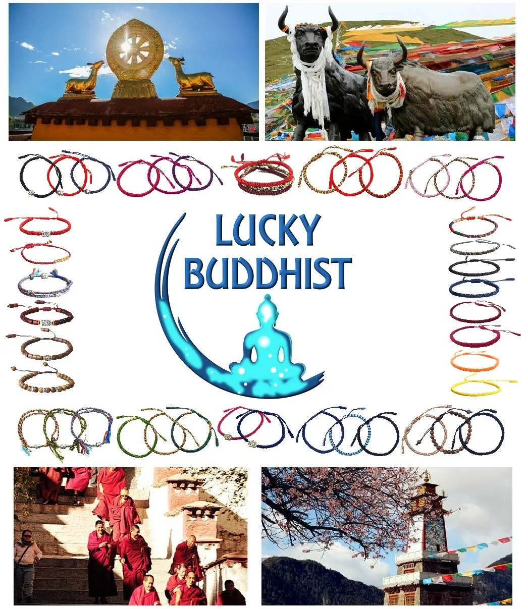 LUCKY BUDDHIST Bracciale Tibetano Buddista Regolabile in Corda Intrecciata con Portachiavi Buddha in Legno - immagine 8