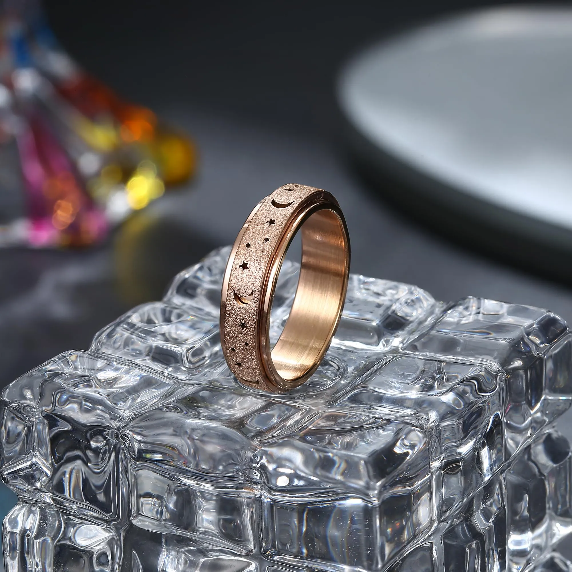 Diamday Spinner Ring Luna Stella in Acciaio Inossidabile Rotante per Uomini e Donne, Oro Rosa - immagine 7