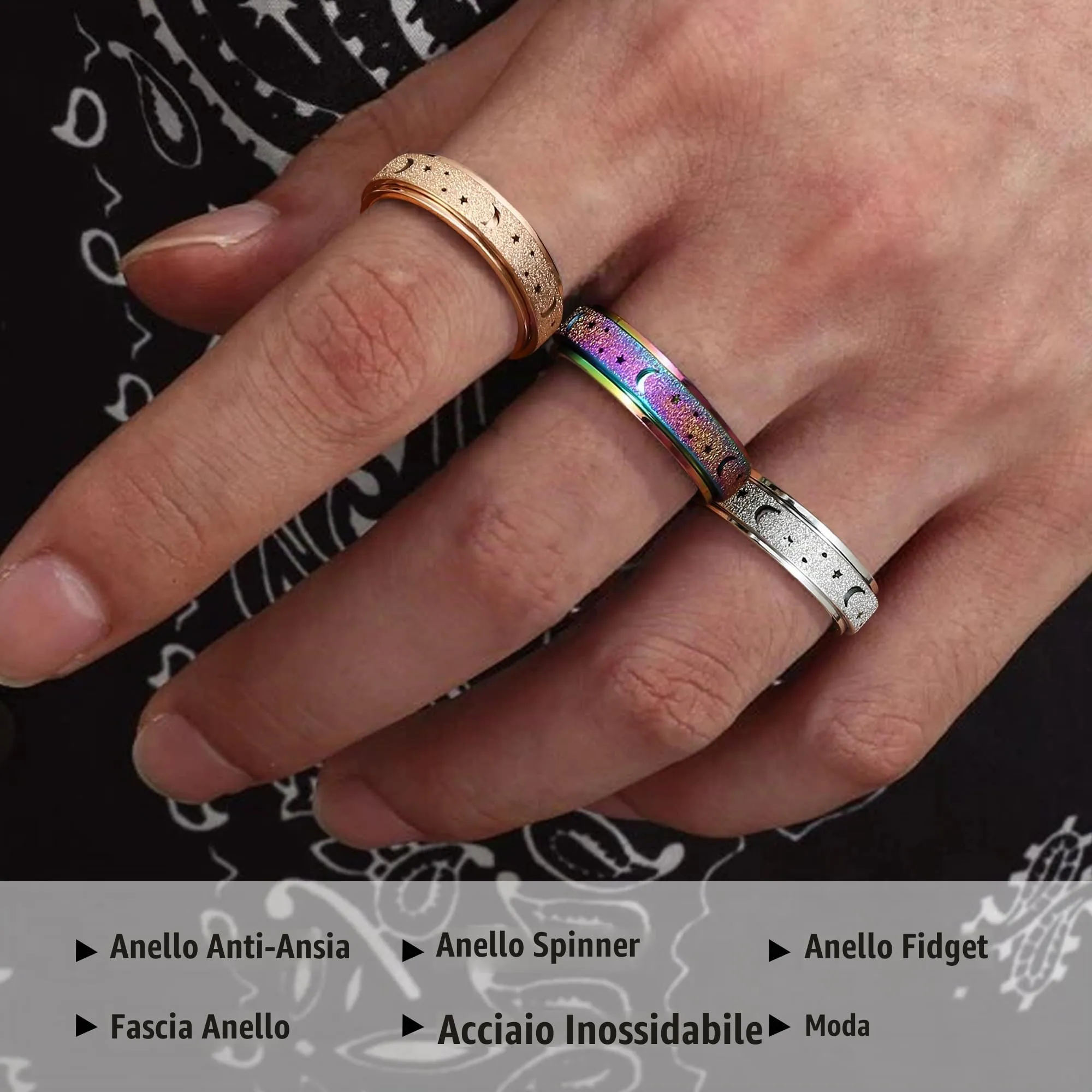 Diamday Spinner Anello Anti Ansia Fidget Band in Acciaio Inossidabile Rotante con Luna Stella - immagine 7