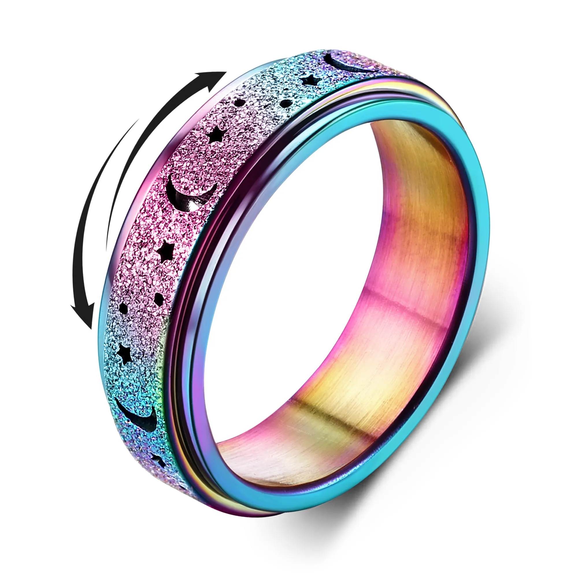 Diamday Anti Ansia Spinner Anello Fidget Band in Acciaio Inossidabile Rotante Luna Stella - immagine 1