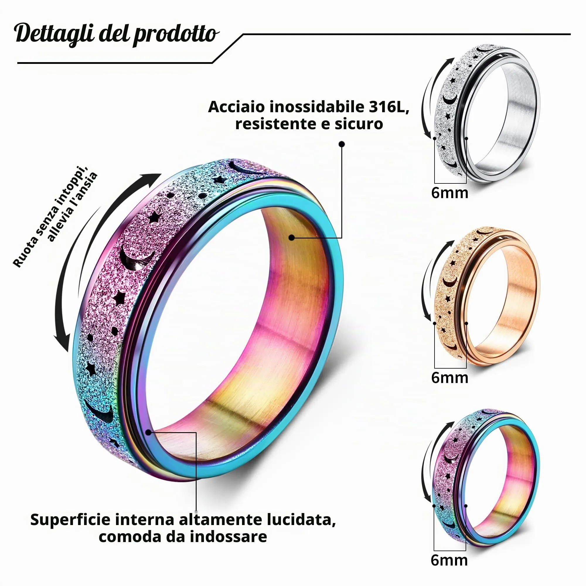 Diamday Anti Ansia Spinner Anello Fidget Band in Acciaio Inossidabile Rotante Luna Stella - immagine 2