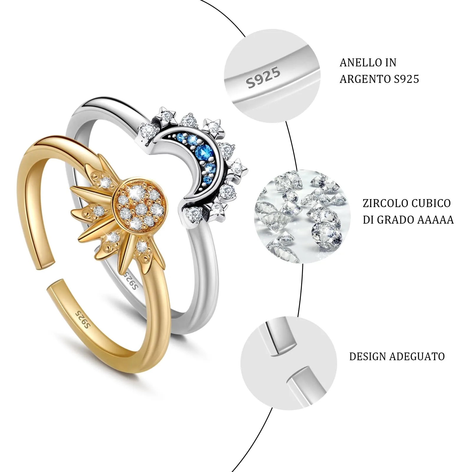 J.Fée Anello Donna Sole e Luna in Argento 925 Regolabile Set - immagine 2