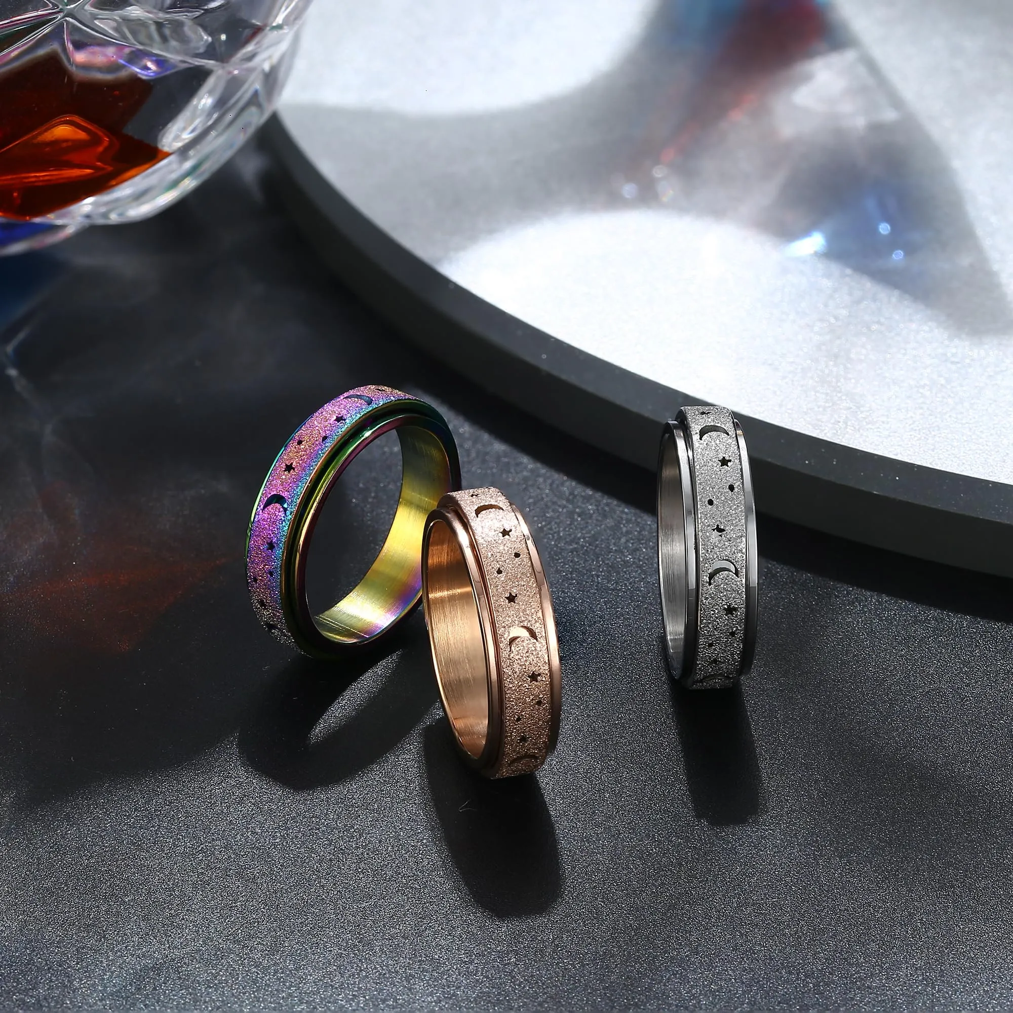 Diamday Anello Anti Ansia Spinner in Acciaio Inossidabile, Luna Stella Multicolore, 17 mm - immagine 5