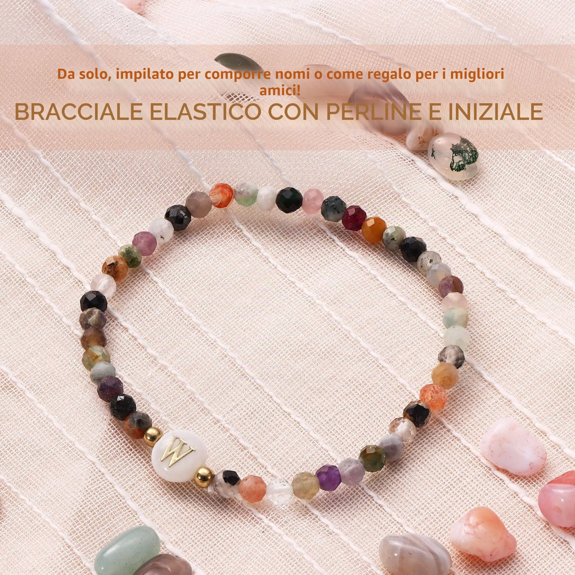 BodyBonita Braccialetto con Iniziale W in Pietra Naturale e Madreperla Sintetica, Elastico, 16.5 cm - immagine 2