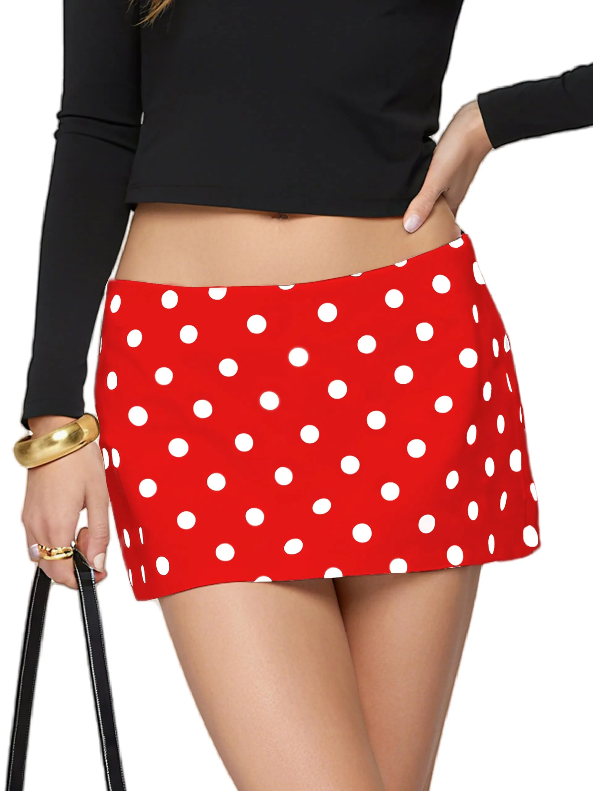 Danysu Gonna Mini Elasticizzata a Vita Bassa con Pantaloncini e Spacco Laterale, Pois Rossi, L - immagine 1