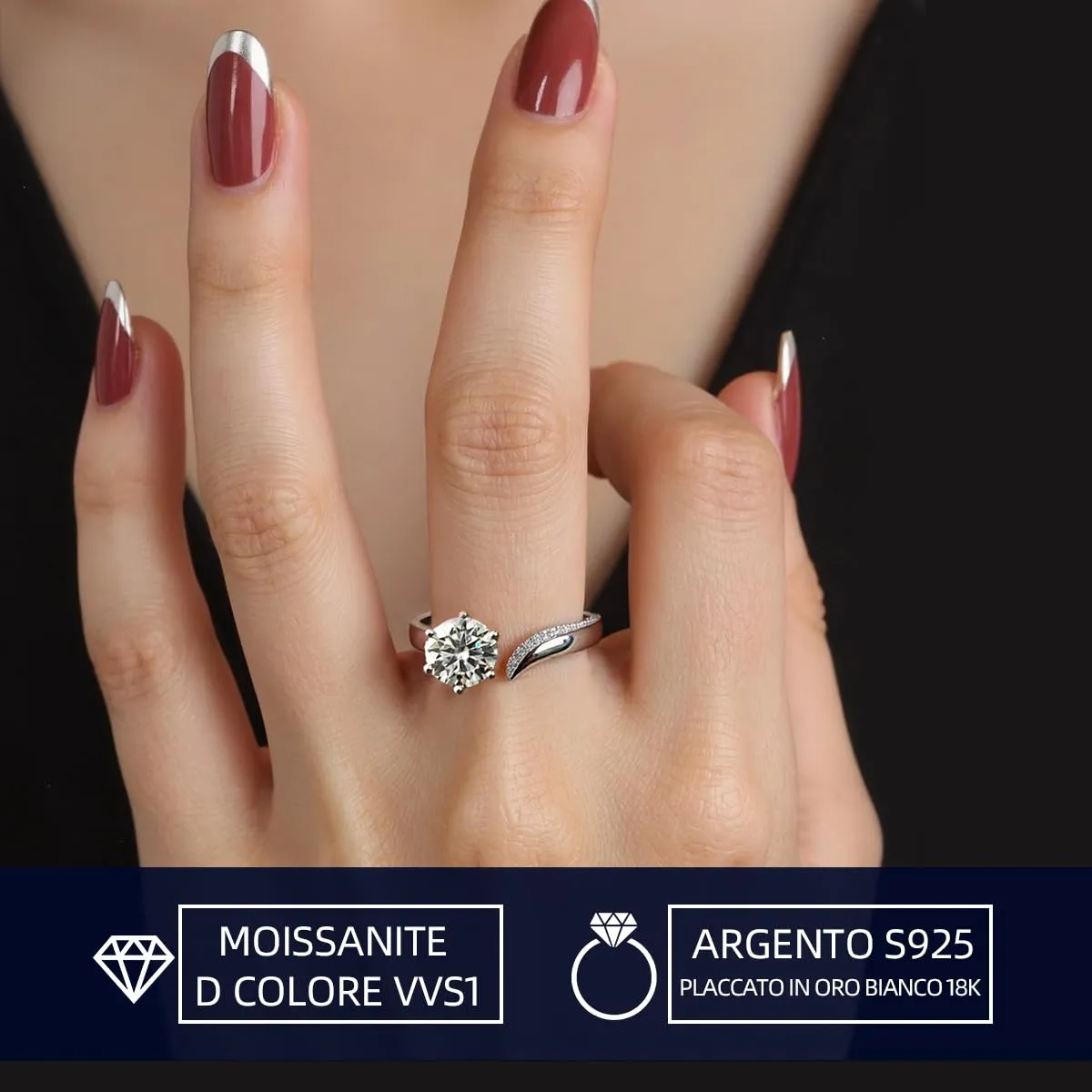 FEIKFEIZ Anello da Donna in Argento 925 Placcato Oro Bianco 18K con Moissanite 1,5 CT Regolabile - immagine 2