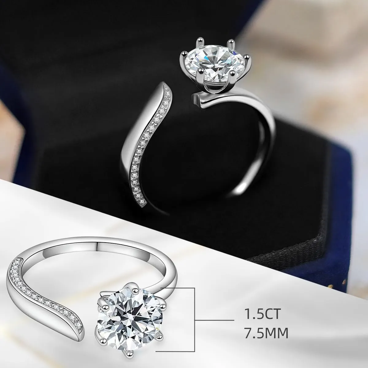 FEIKFEIZ Anello da Donna in Argento 925 Placcato Oro Bianco 18K con Moissanite 1,5 CT Regolabile - immagine 3