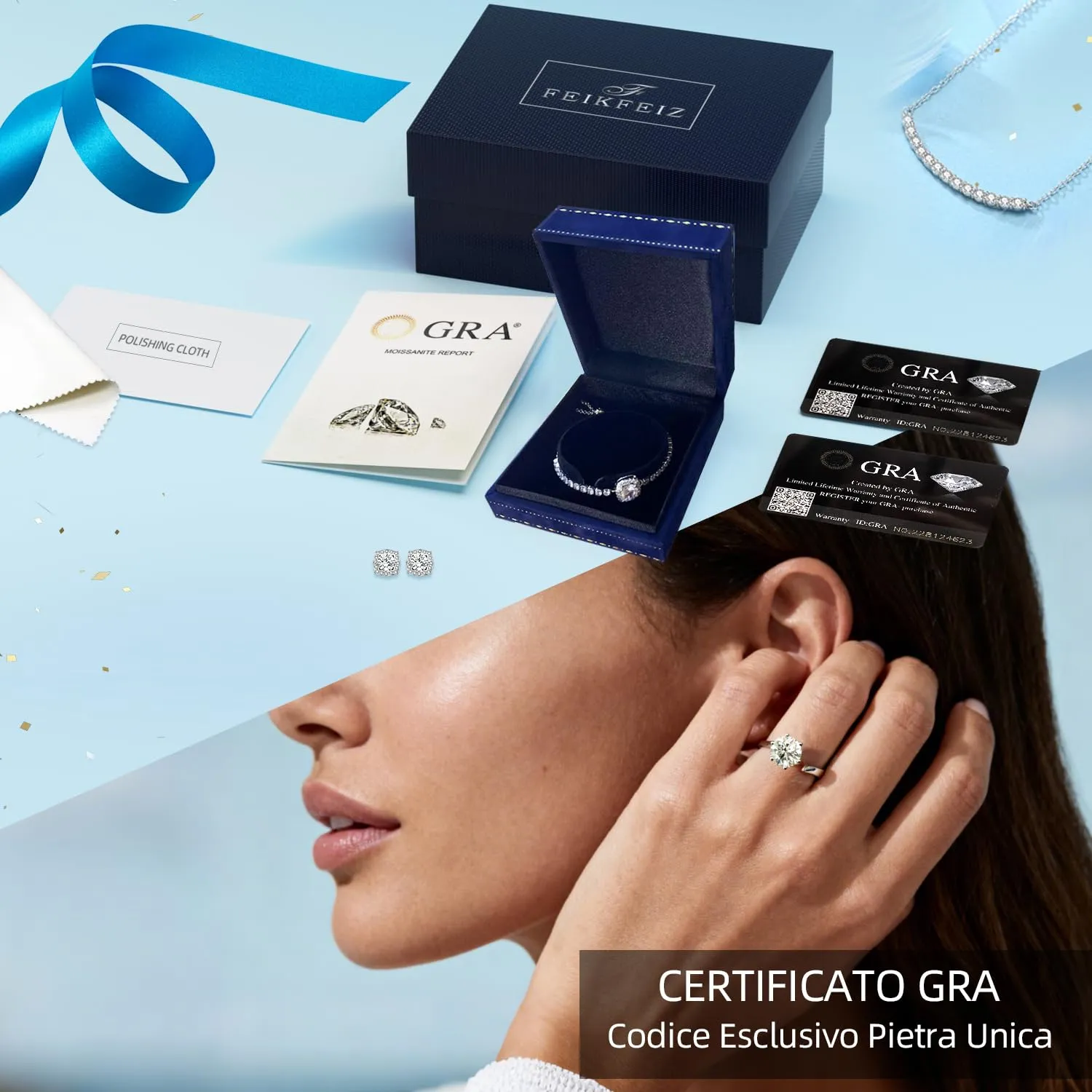 FEIKFEIZ Anello da Donna in Argento 925 Placcato Oro Bianco 18K con Moissanite 1,5 CT Regolabile - immagine 5