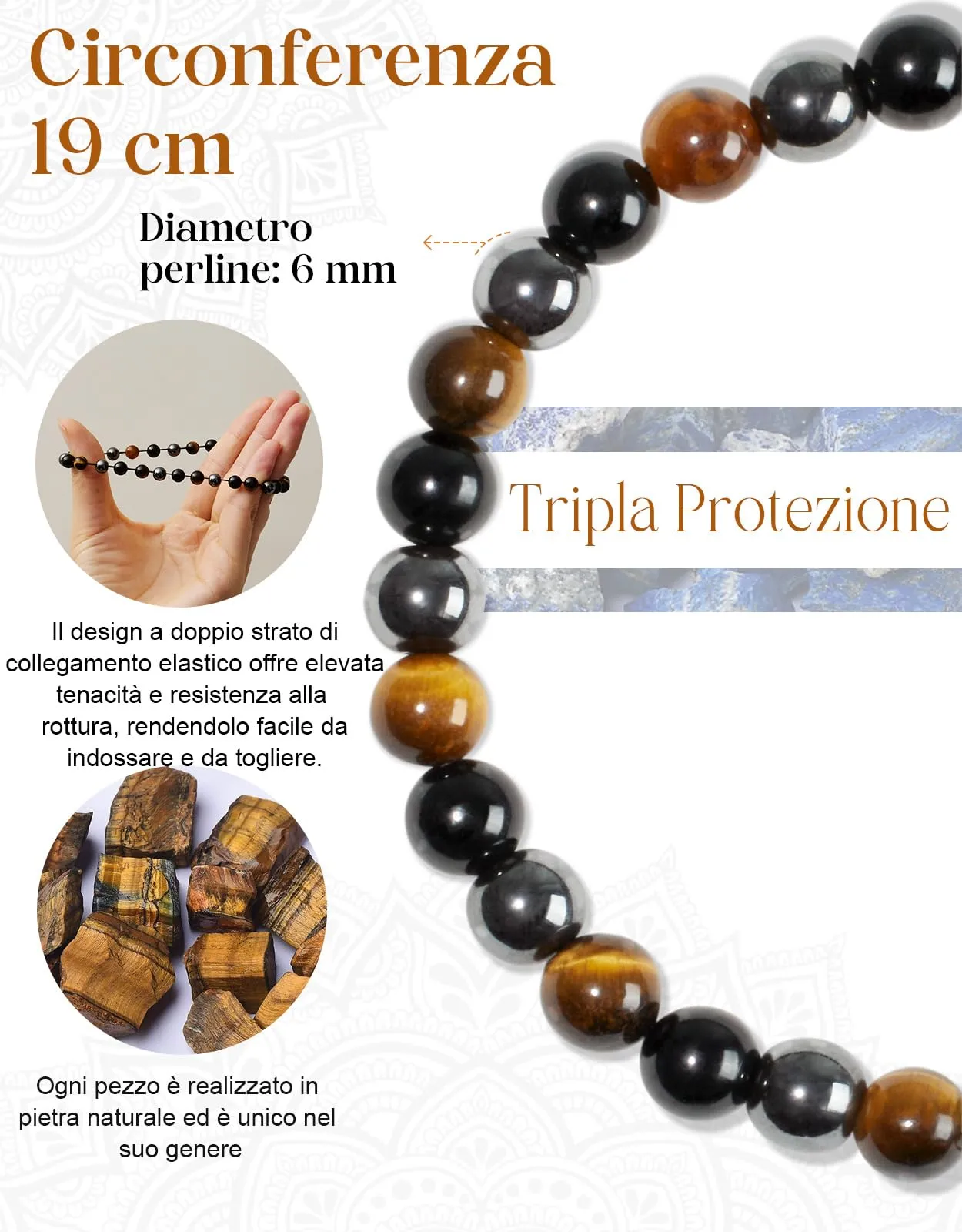 Landorilo Bracciale in Pietra Naturale 6 mm, Tripla Protezione, 19 cm - immagine 3