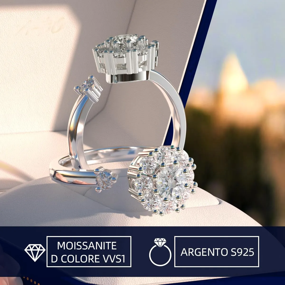 FEIKFEIZ Anello in Moissanite coltivata in laboratorio, Argento 925 placcato Oro Bianco 18K, Apertura Regolabile (Taglia 6-9) - immagine 2