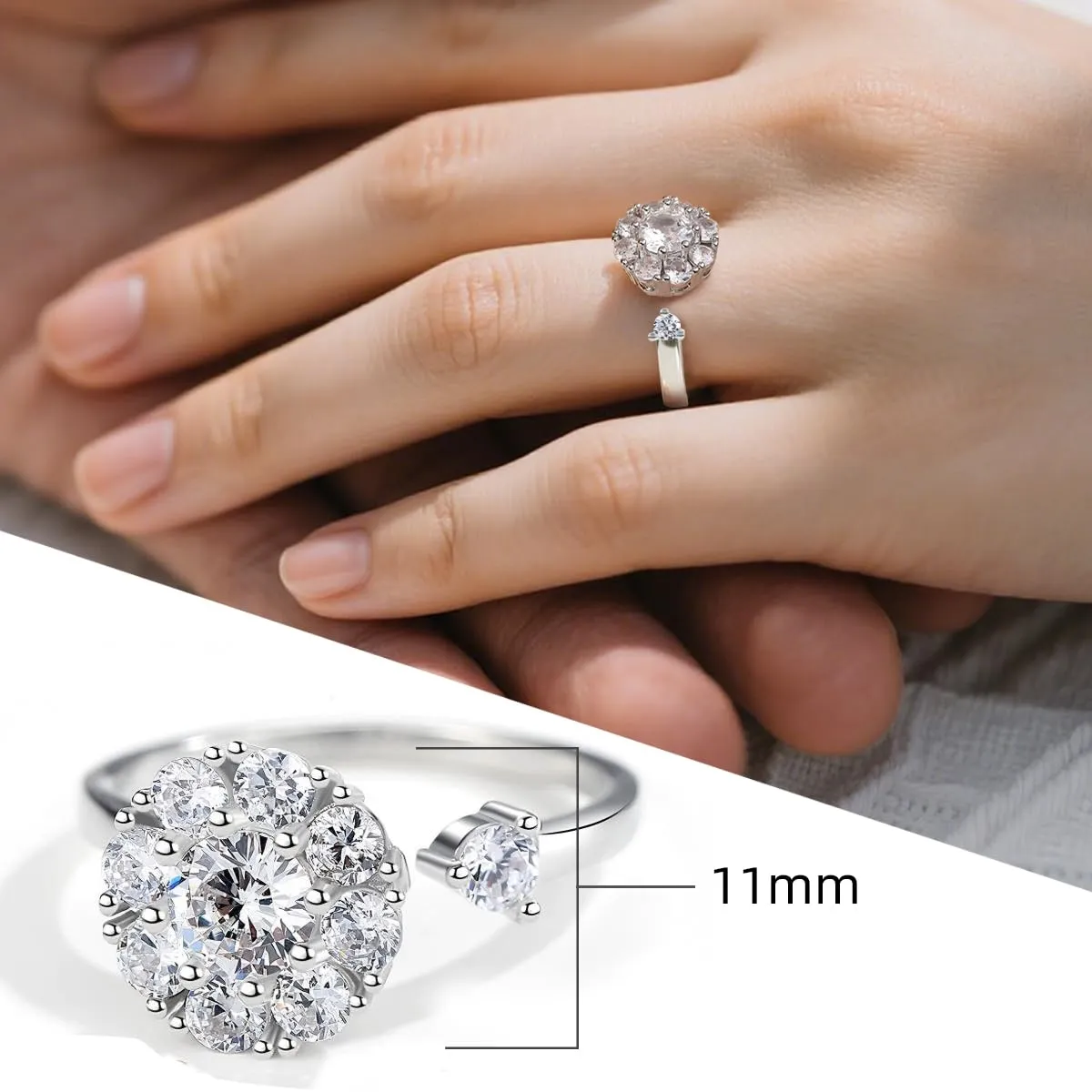 FEIKFEIZ Anello in Moissanite coltivata in laboratorio, Argento 925 placcato Oro Bianco 18K, Apertura Regolabile (Taglia 6-9) - immagine 3