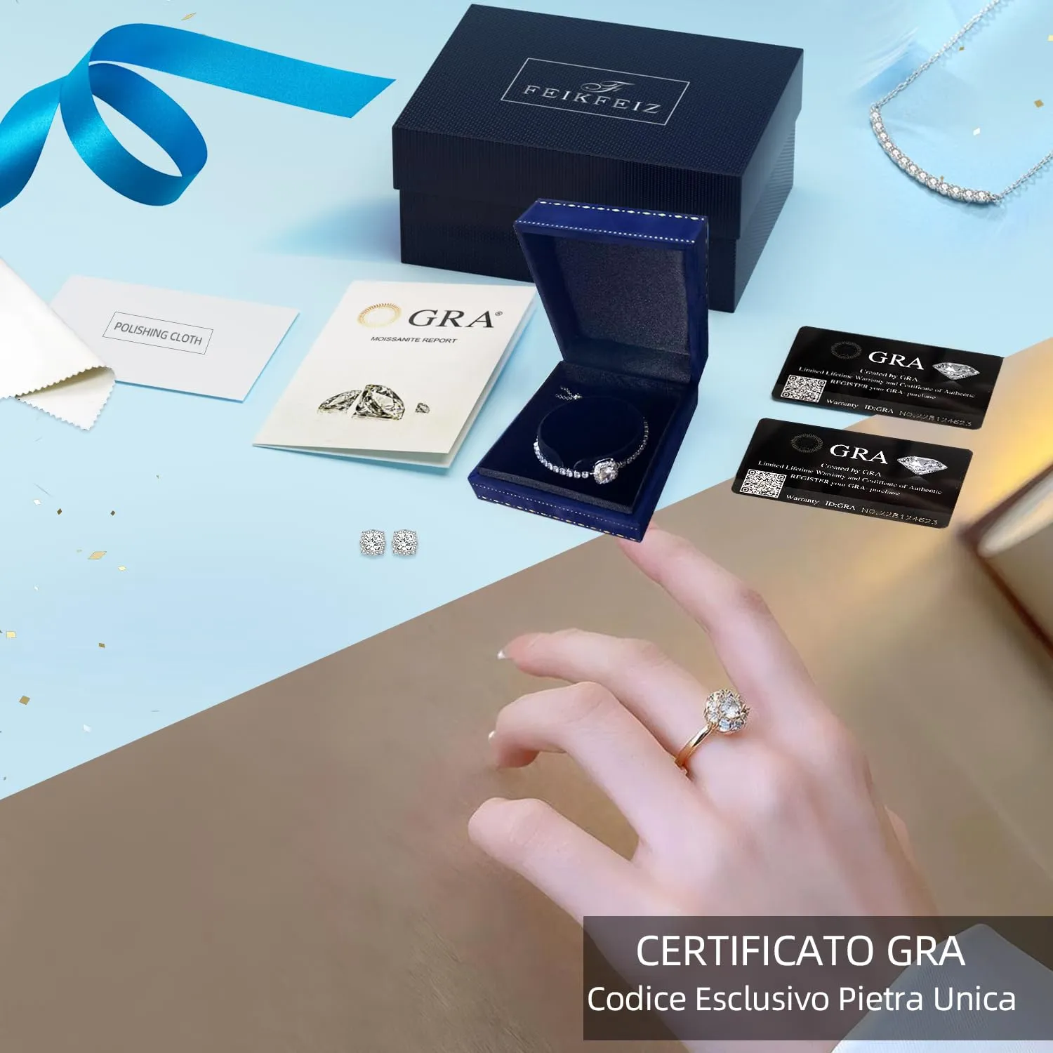 FEIKFEIZ Anello in Moissanite coltivata in laboratorio, Argento 925 placcato Oro Bianco 18K, Apertura Regolabile (Taglia 6-9) - immagine 5