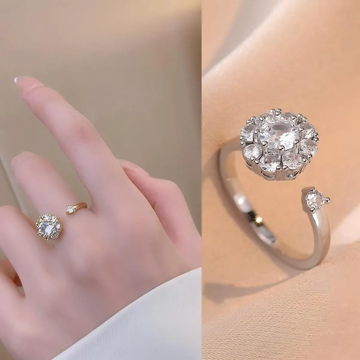 FEIKFEIZ Anello in Moissanite coltivata in laboratorio, Argento 925 placcato Oro Bianco 18K, Apertura Regolabile (Taglia 6-9) - immagine 7