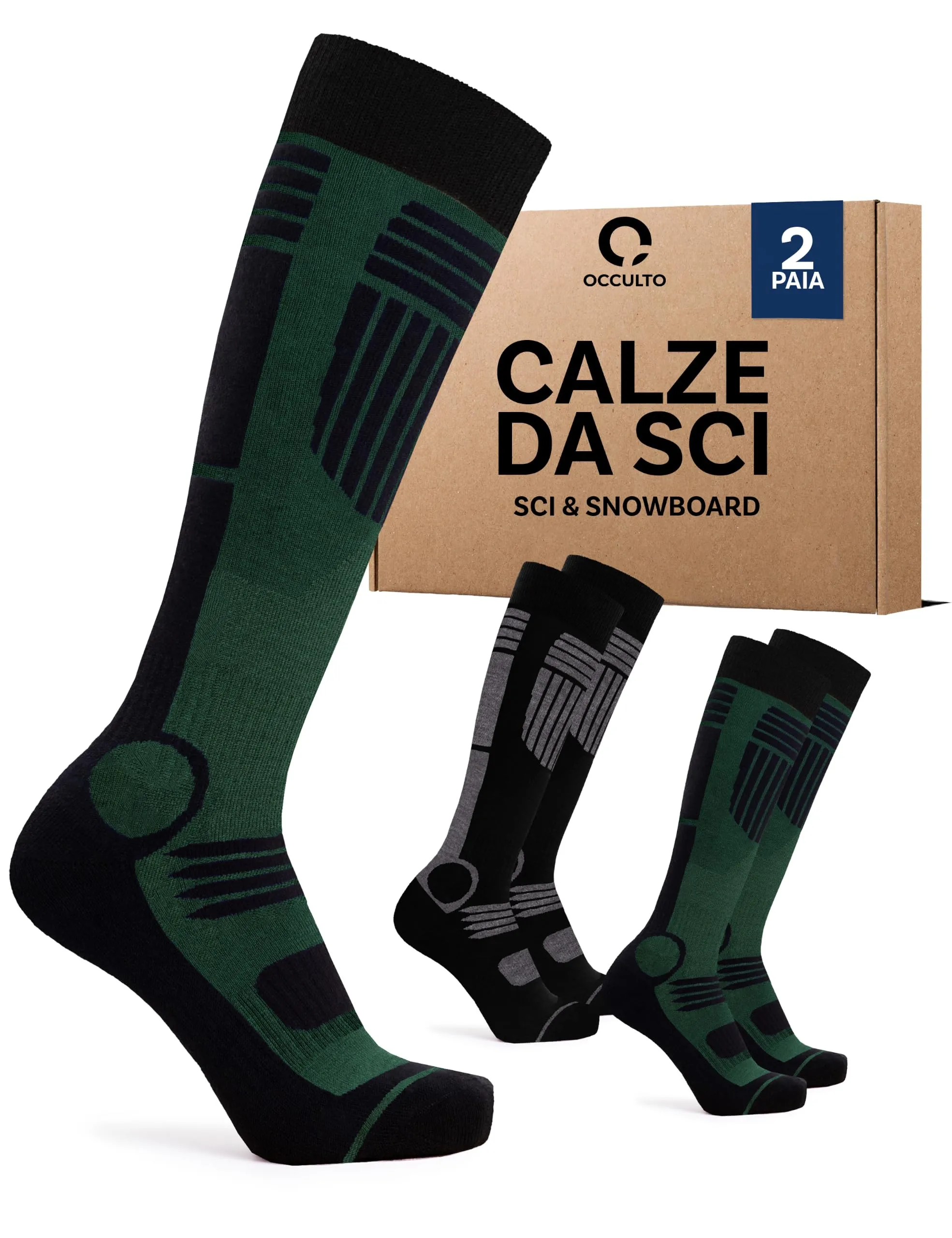 Occulto Calze da Sci Uomo Felix, 2 Paia Nero Verde, 39-42 - immagine 1