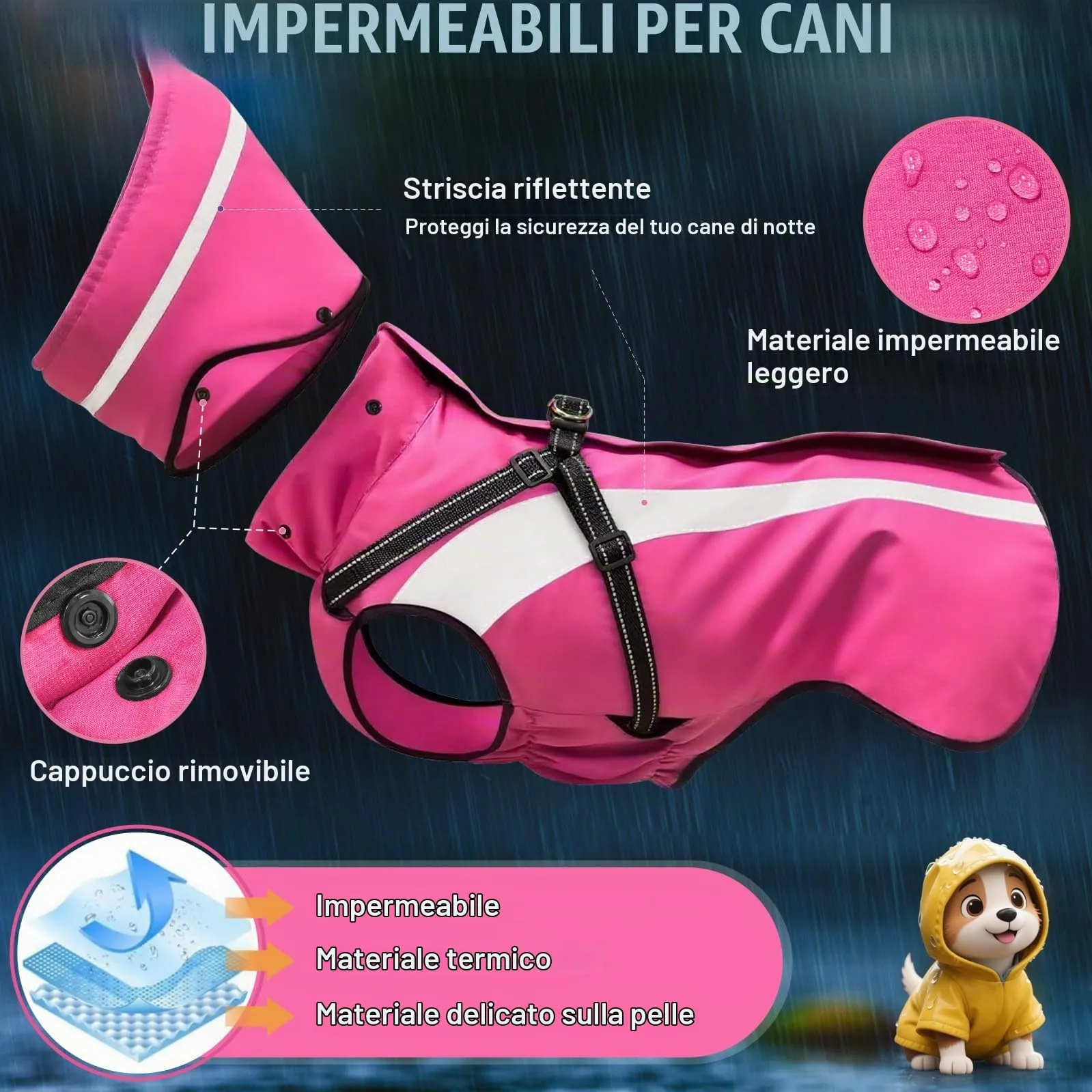 Oslueidy Impermeabile per Cani con Cappuccio Rimovibile, Rosa, L - immagine 5