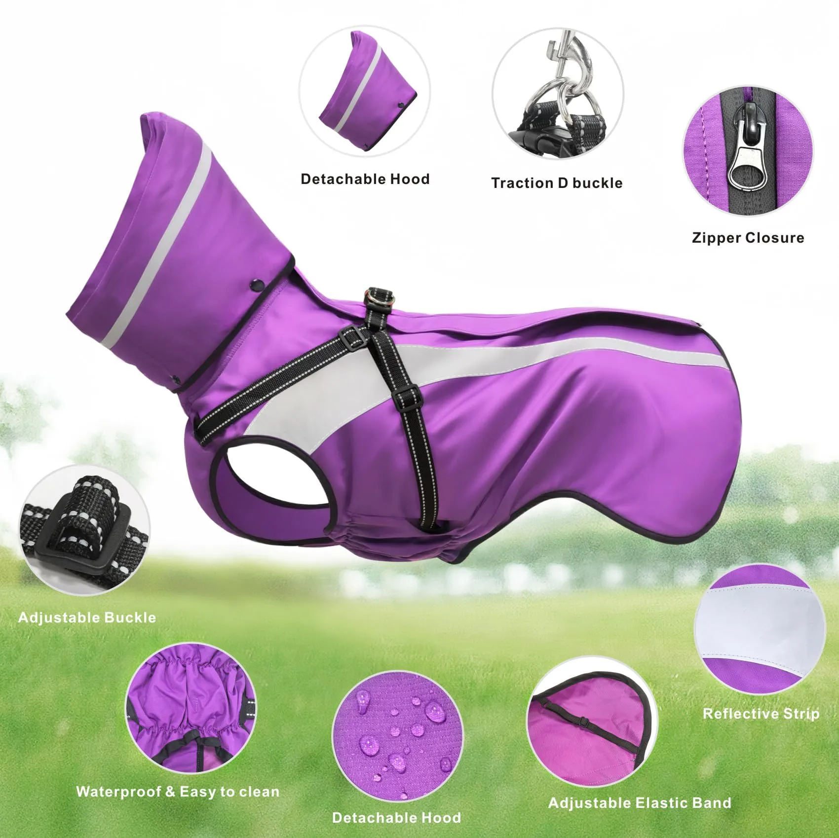 Oslueidy Impermeabile per Cani con Cappuccio Rimovibile, Violetta, XXL - immagine 7